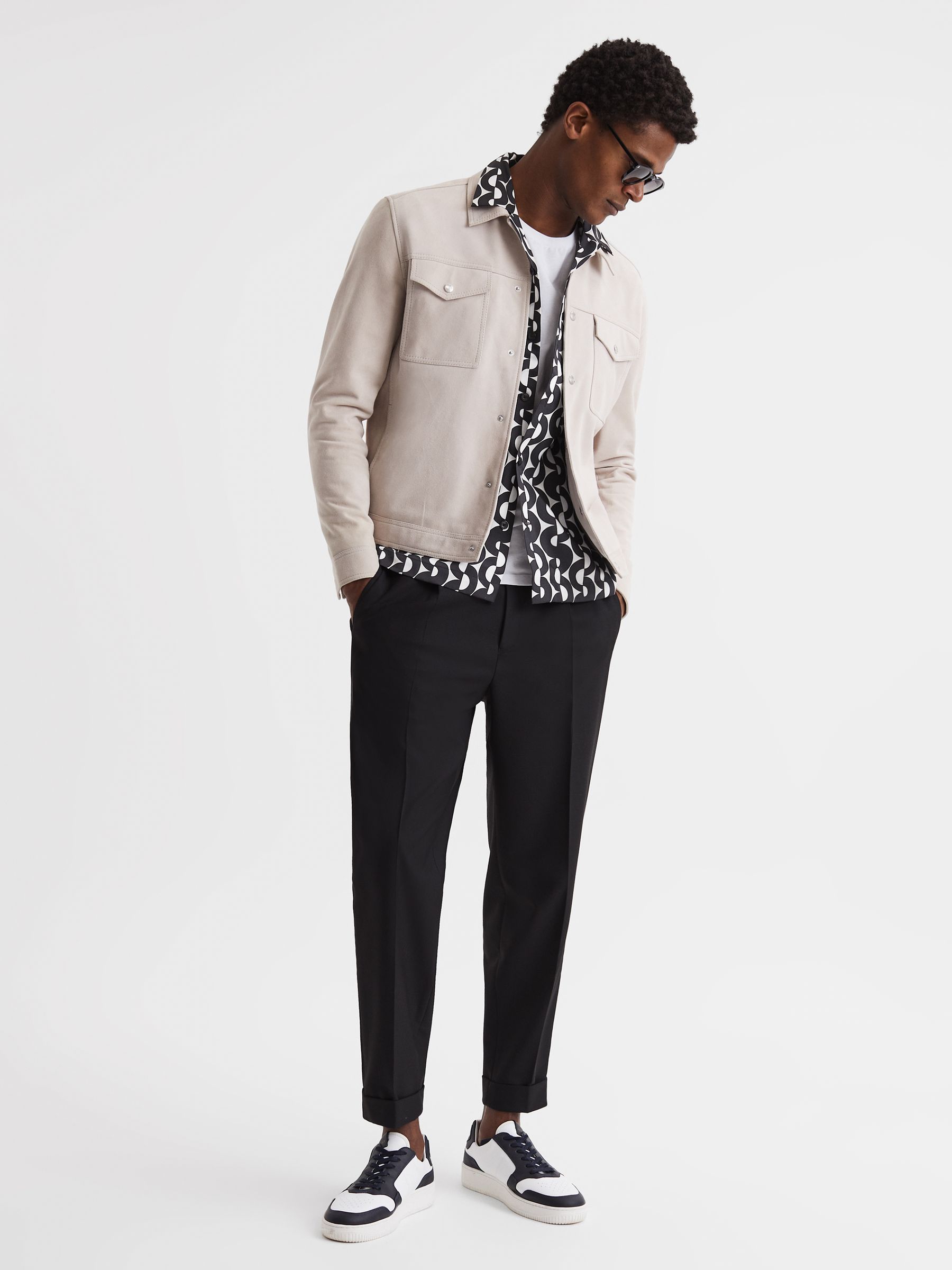 Slim Fit Cuban Collar Printed Shirt in Black/Ivory - Image 6 of 6