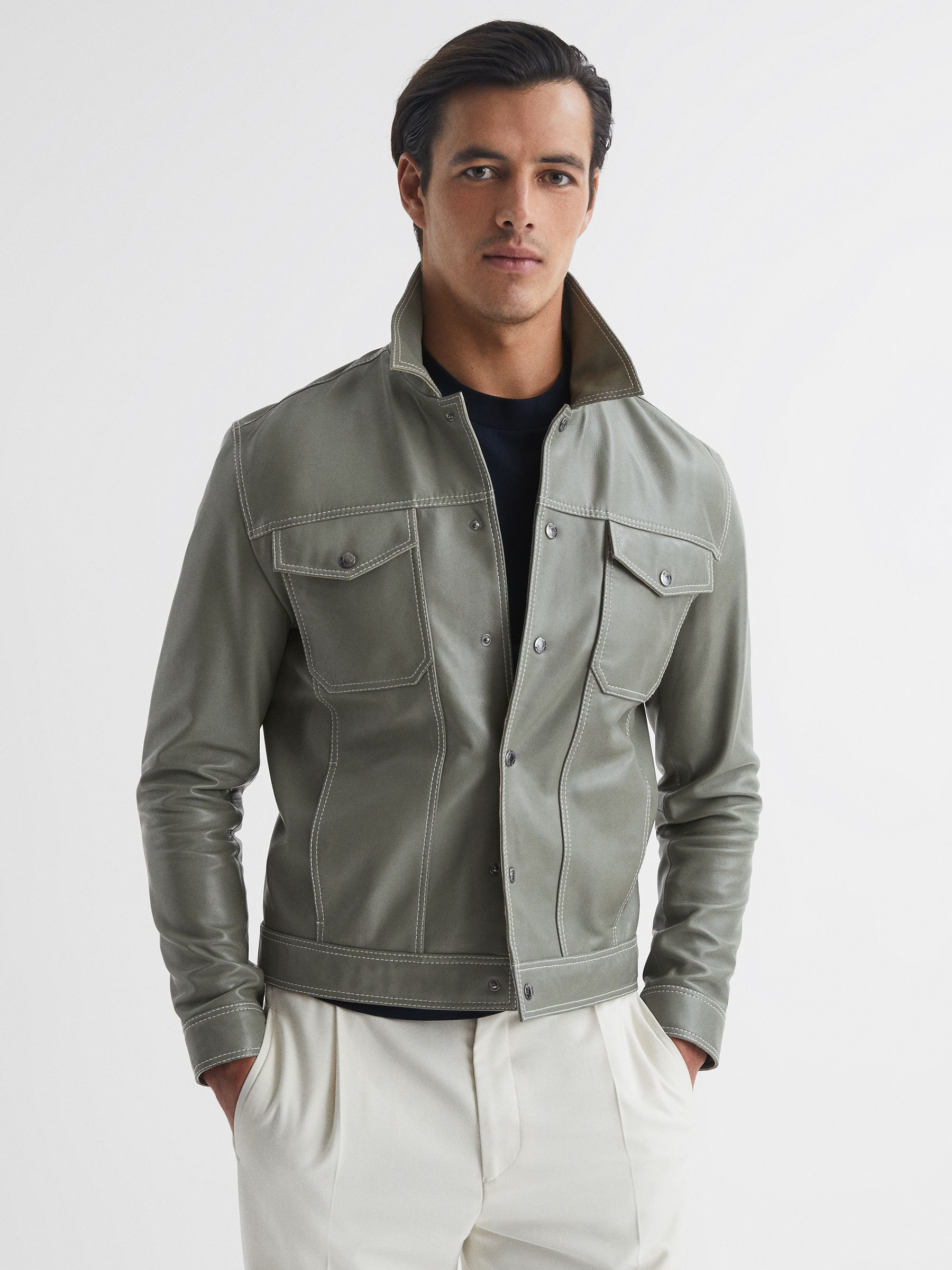 Leather Press Stud Trucker Jacket in Sage - Image 1 of 5