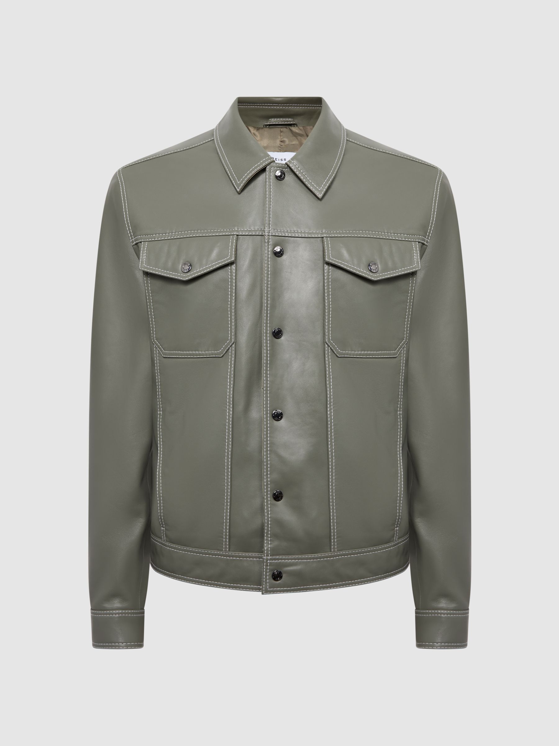 Leather Press Stud Trucker Jacket in Sage - Image 2 of 5