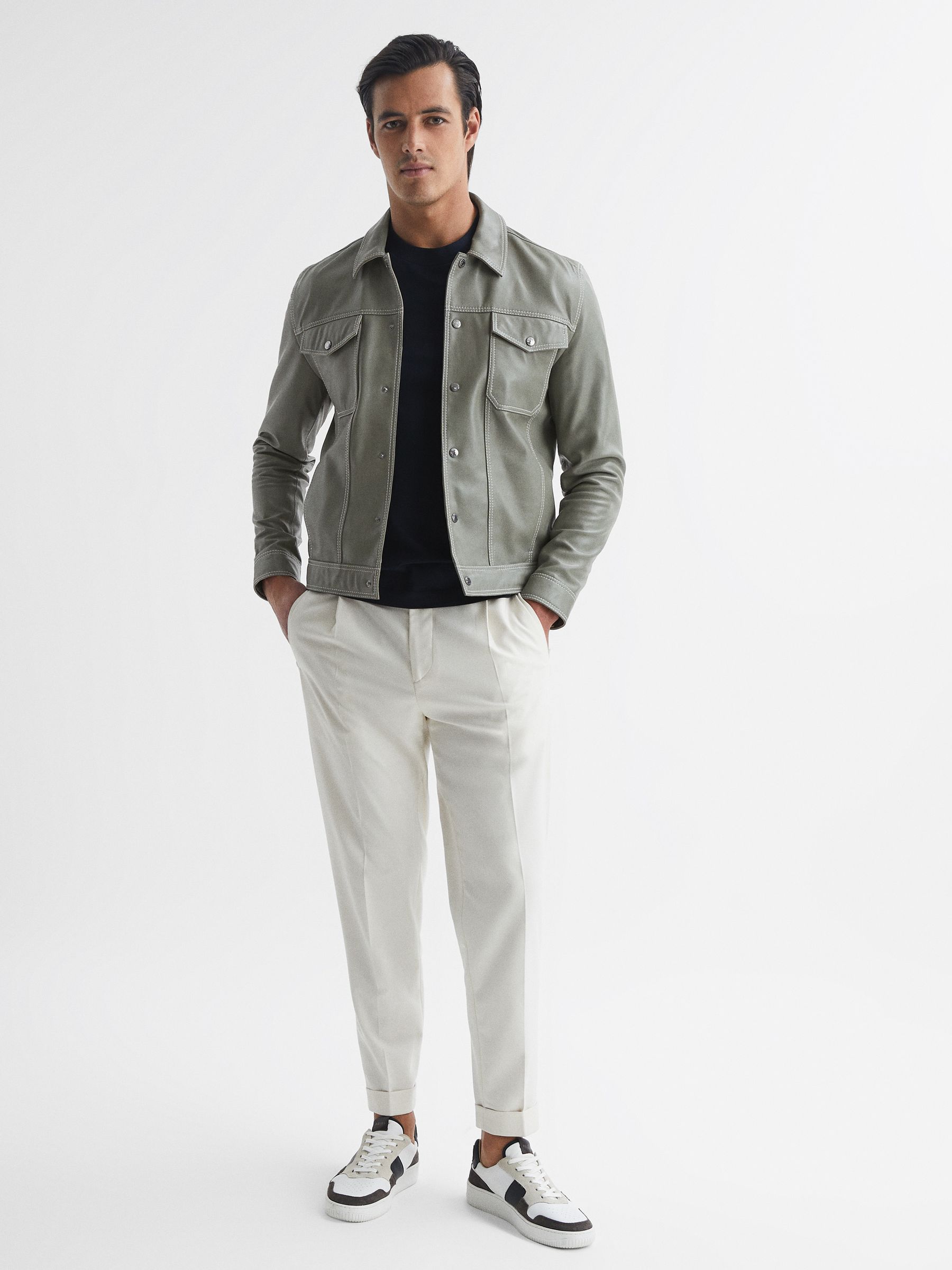 Leather Press Stud Trucker Jacket in Sage - Image 3 of 5