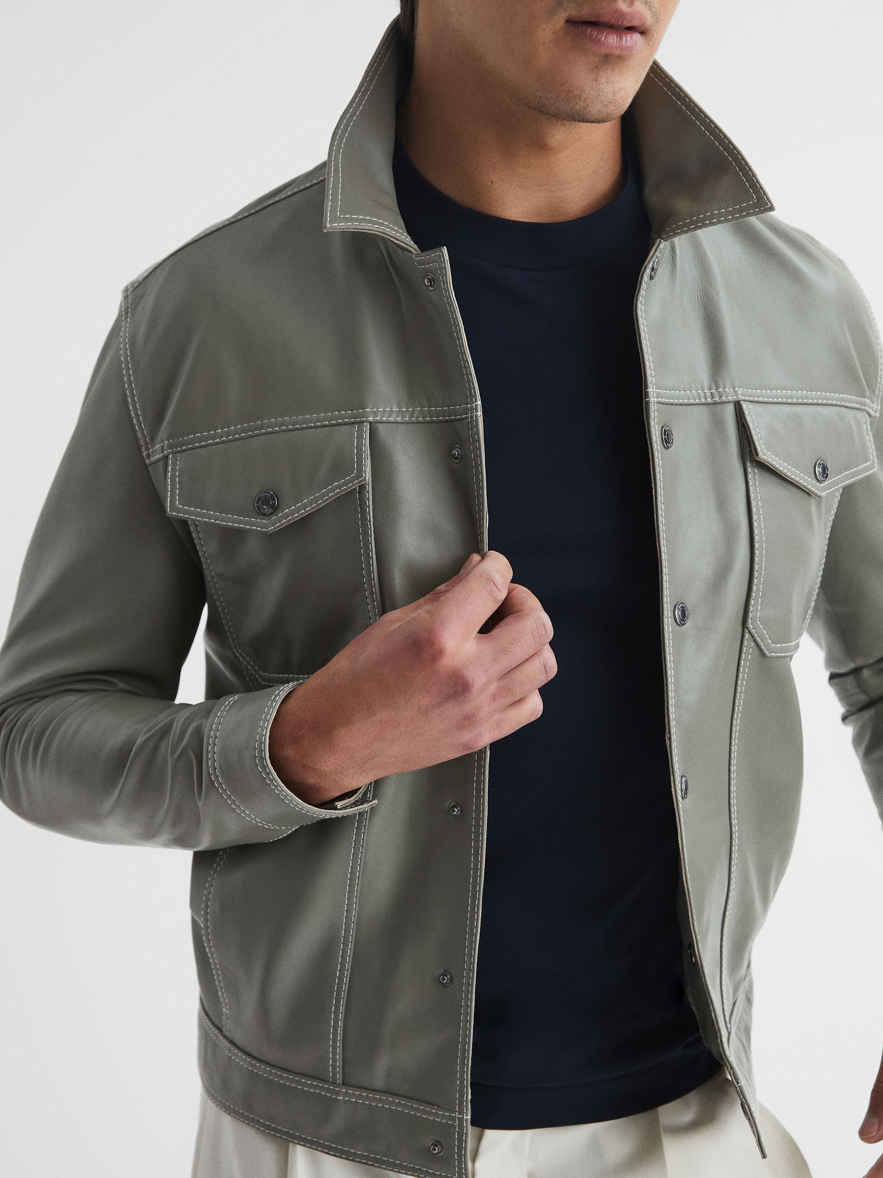 Leather Press Stud Trucker Jacket in Sage - Image 4 of 5
