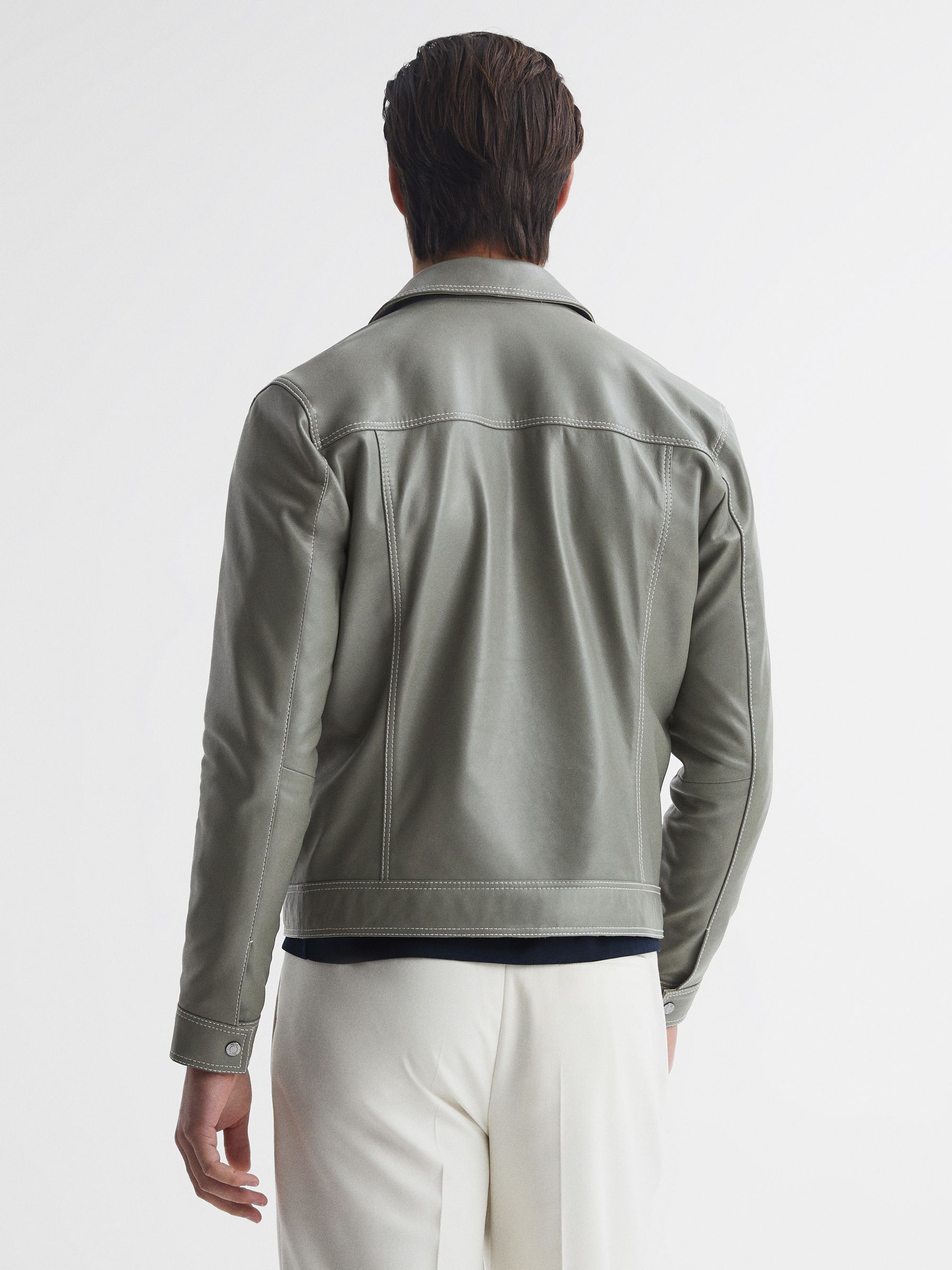 Leather Press Stud Trucker Jacket in Sage - Image 5 of 5