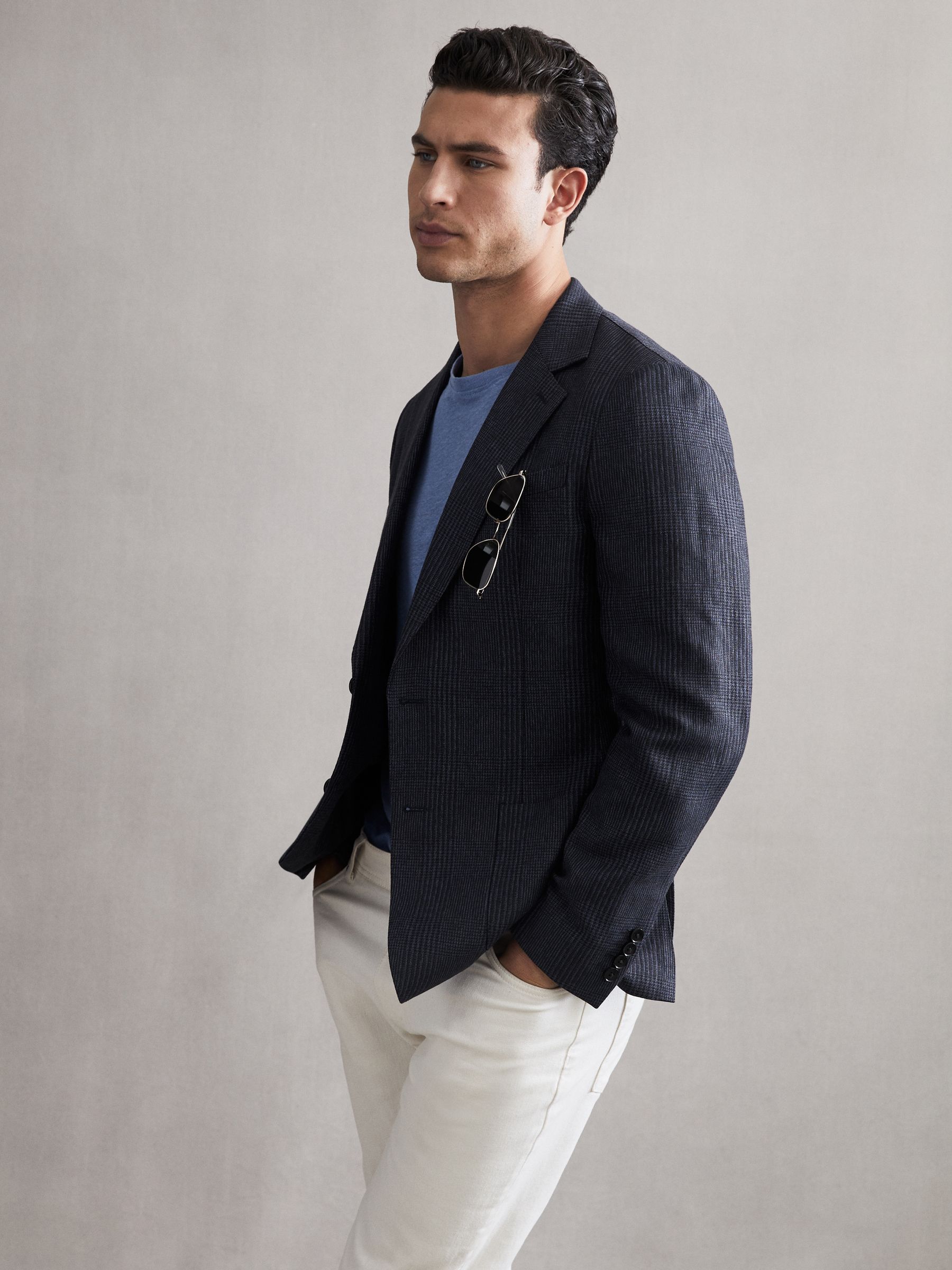 Single Breasted Prince of Wales Check Blazer in Navy - Image 1 of 7
