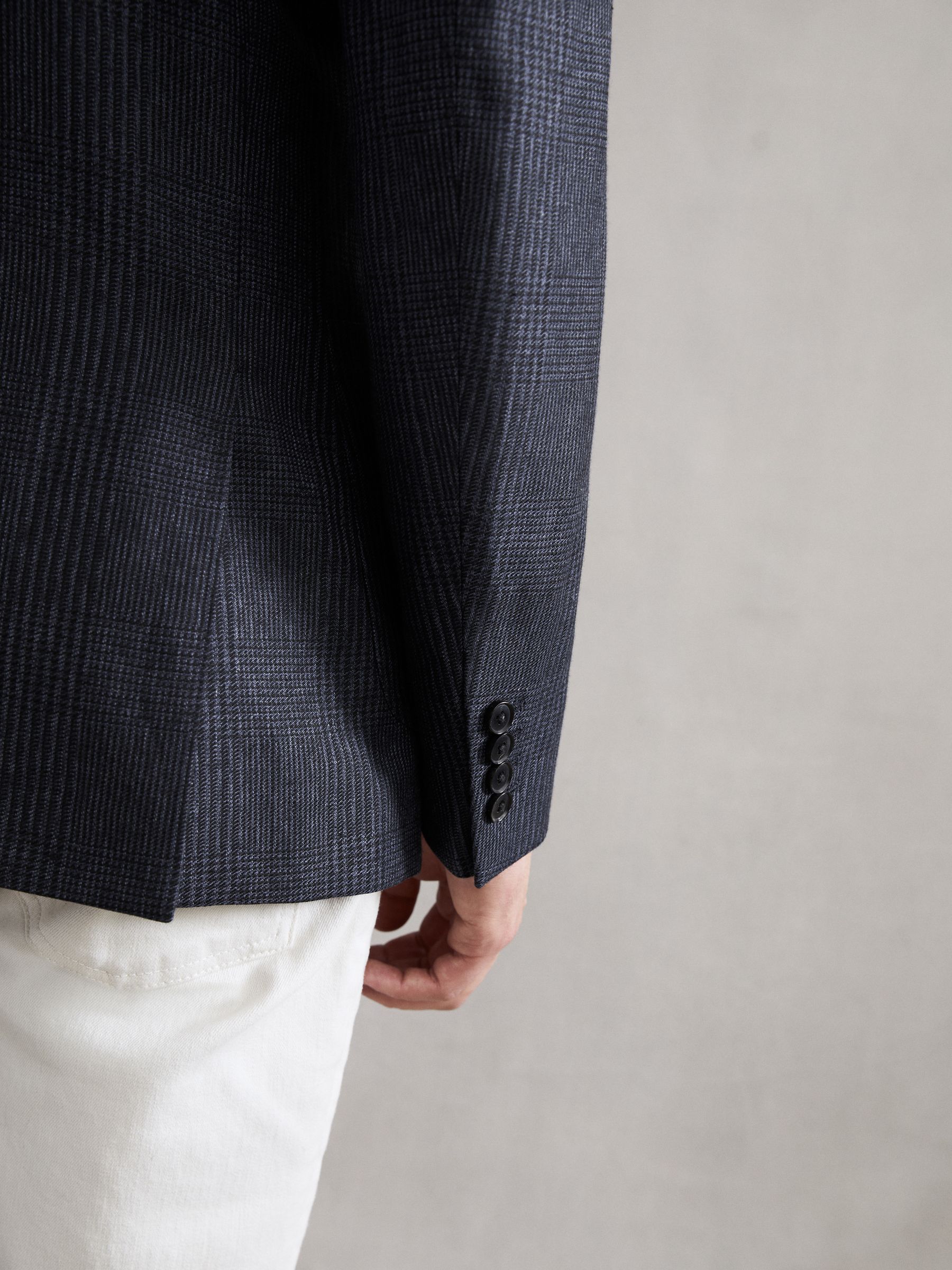 Single Breasted Prince of Wales Check Blazer in Navy - Image 3 of 7