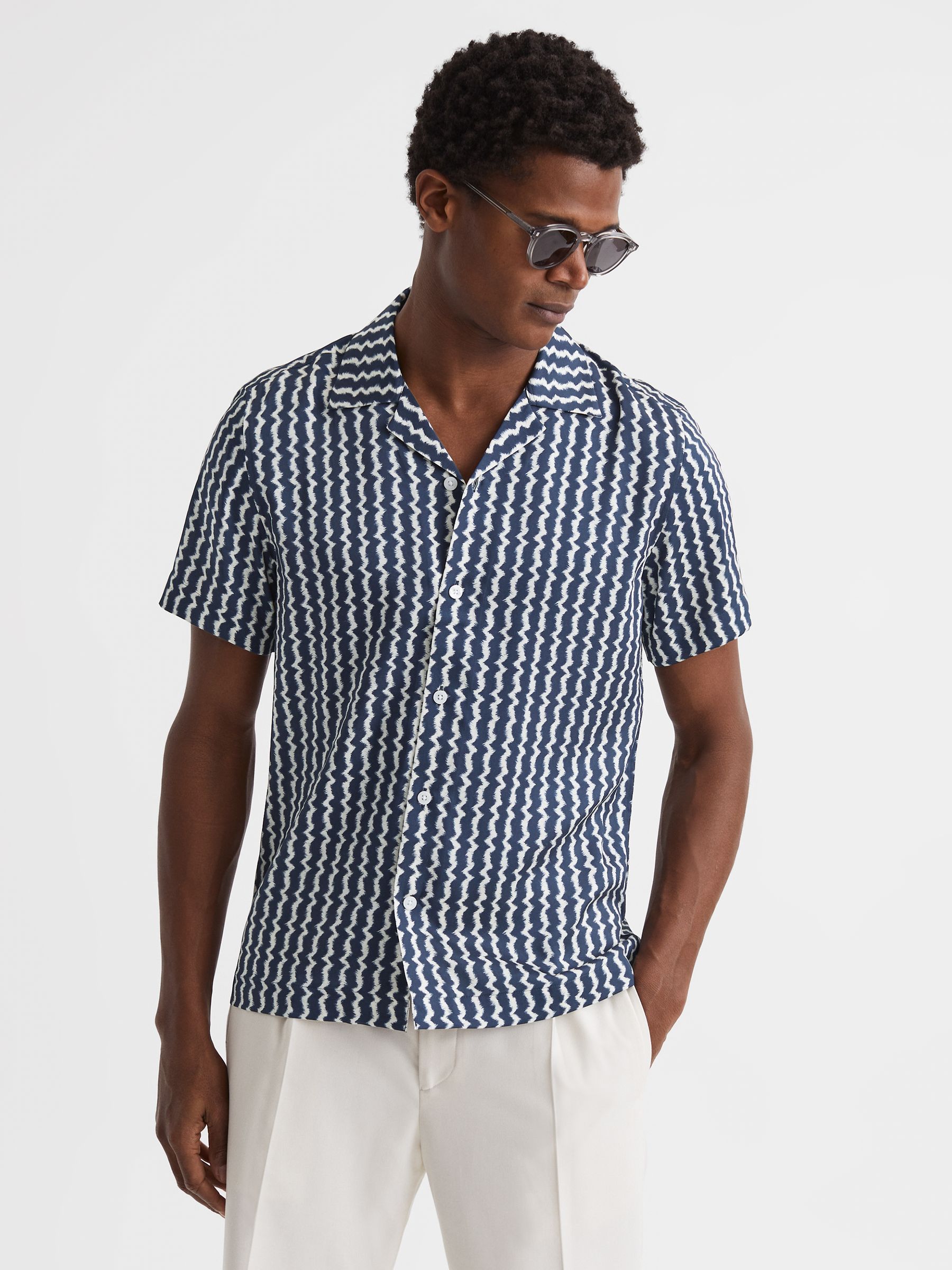 Slim Fit Cuban Collar Printed Shirt in Navy - Image 1 of 6 Slim Fit Cuban Collar Printed Shirt in Navy - Image 1 of 6