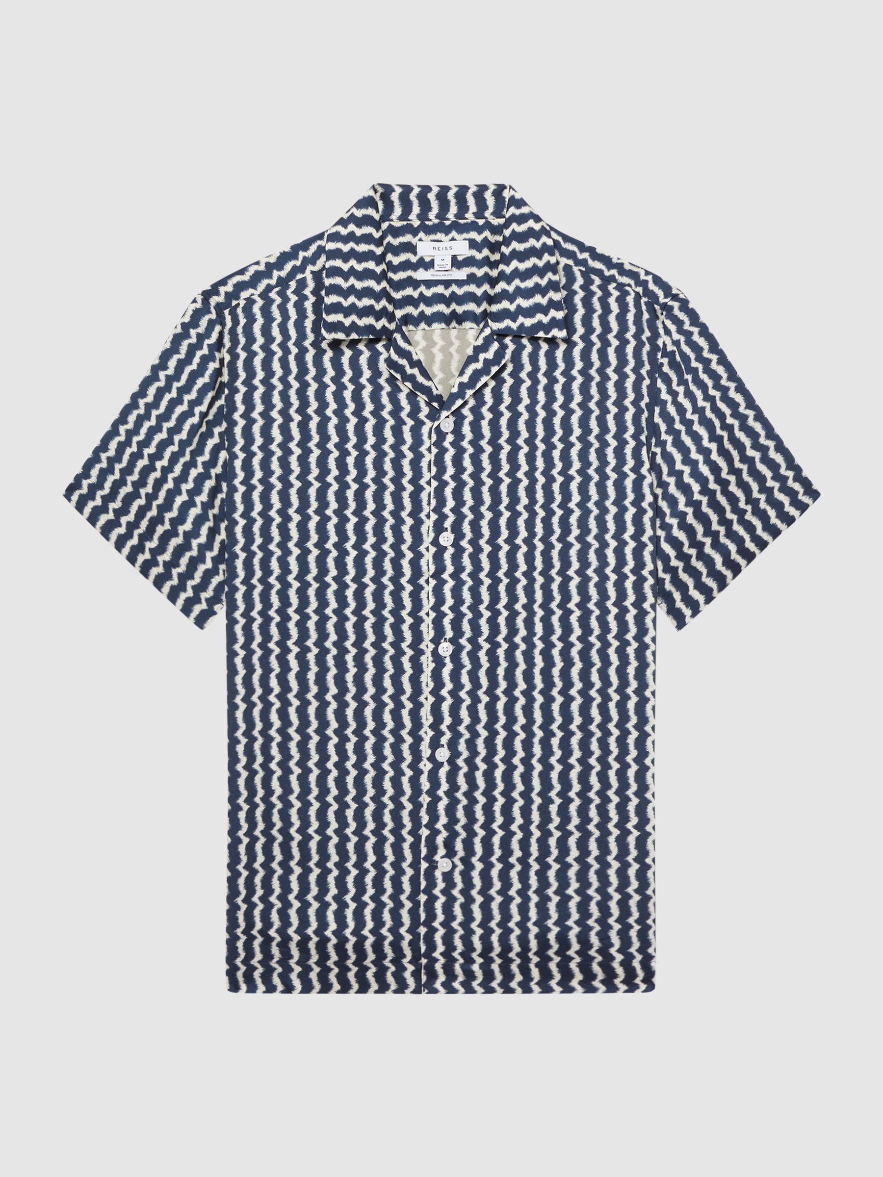 Slim Fit Cuban Collar Printed Shirt in Navy - Image 2 of 6 Slim Fit Cuban Collar Printed Shirt in Navy - Image 2 of 6