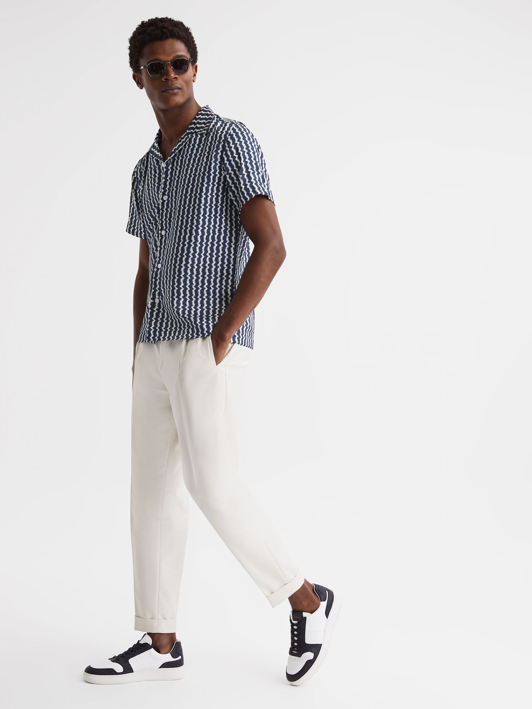 Slim Fit Cuban Collar Printed Shirt in Navy - Image 3 of 6