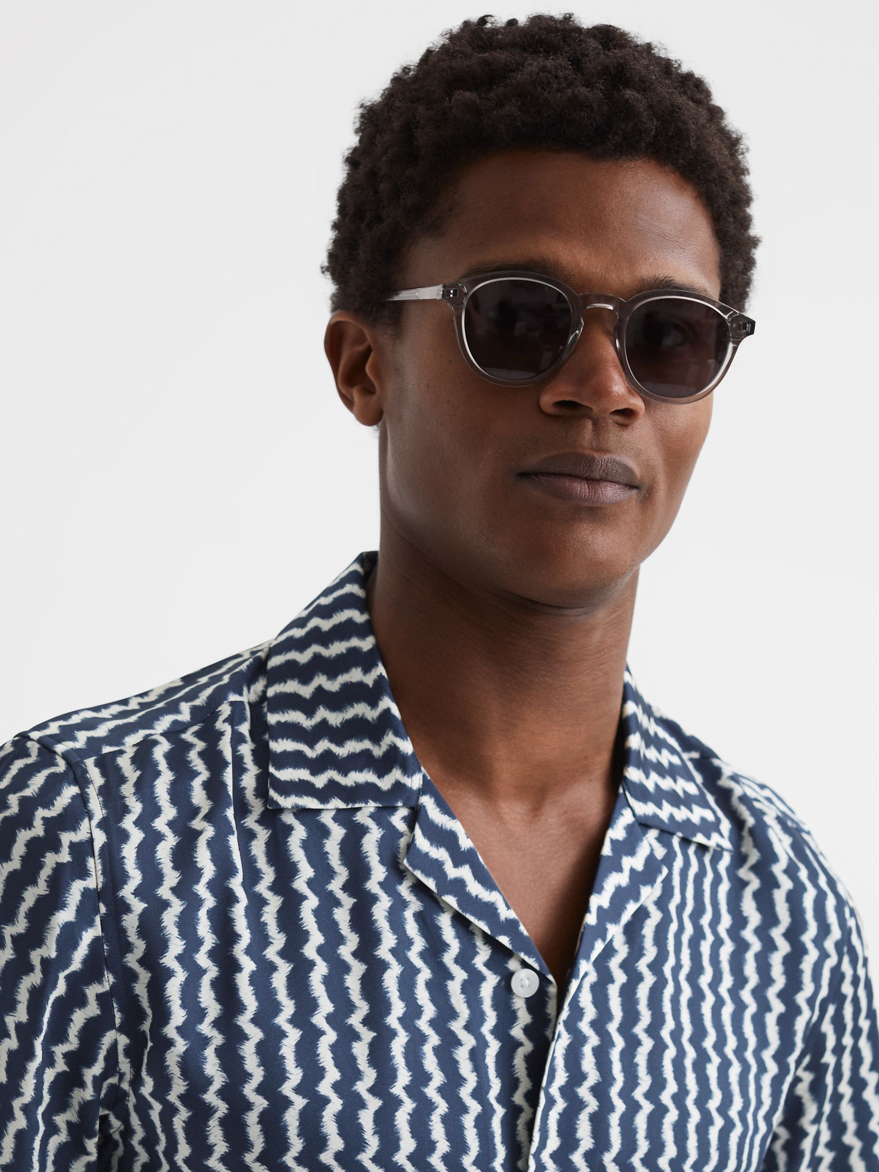 Slim Fit Cuban Collar Printed Shirt in Navy - Image 4 of 6