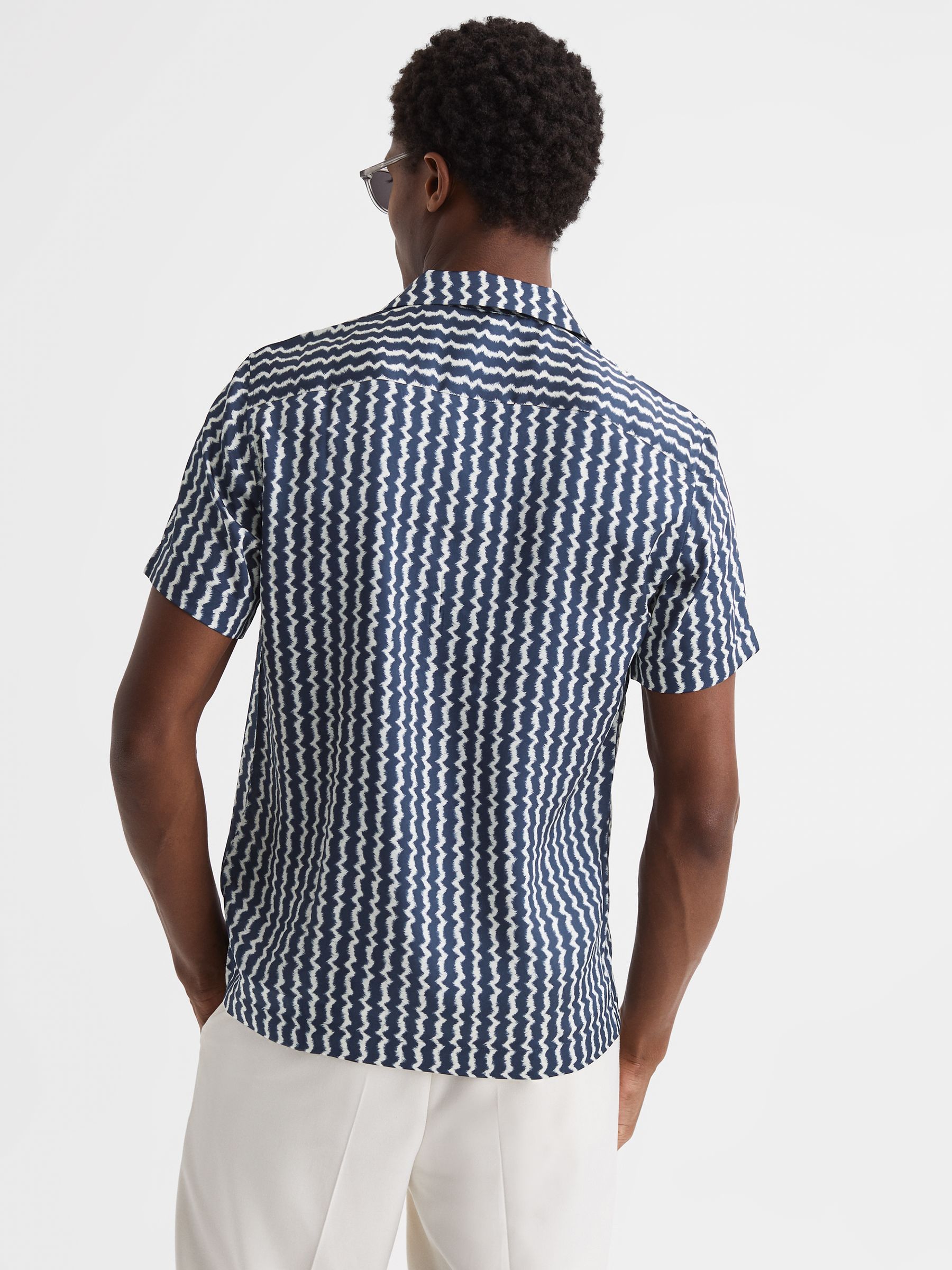 Slim Fit Cuban Collar Printed Shirt in Navy - Image 5 of 6