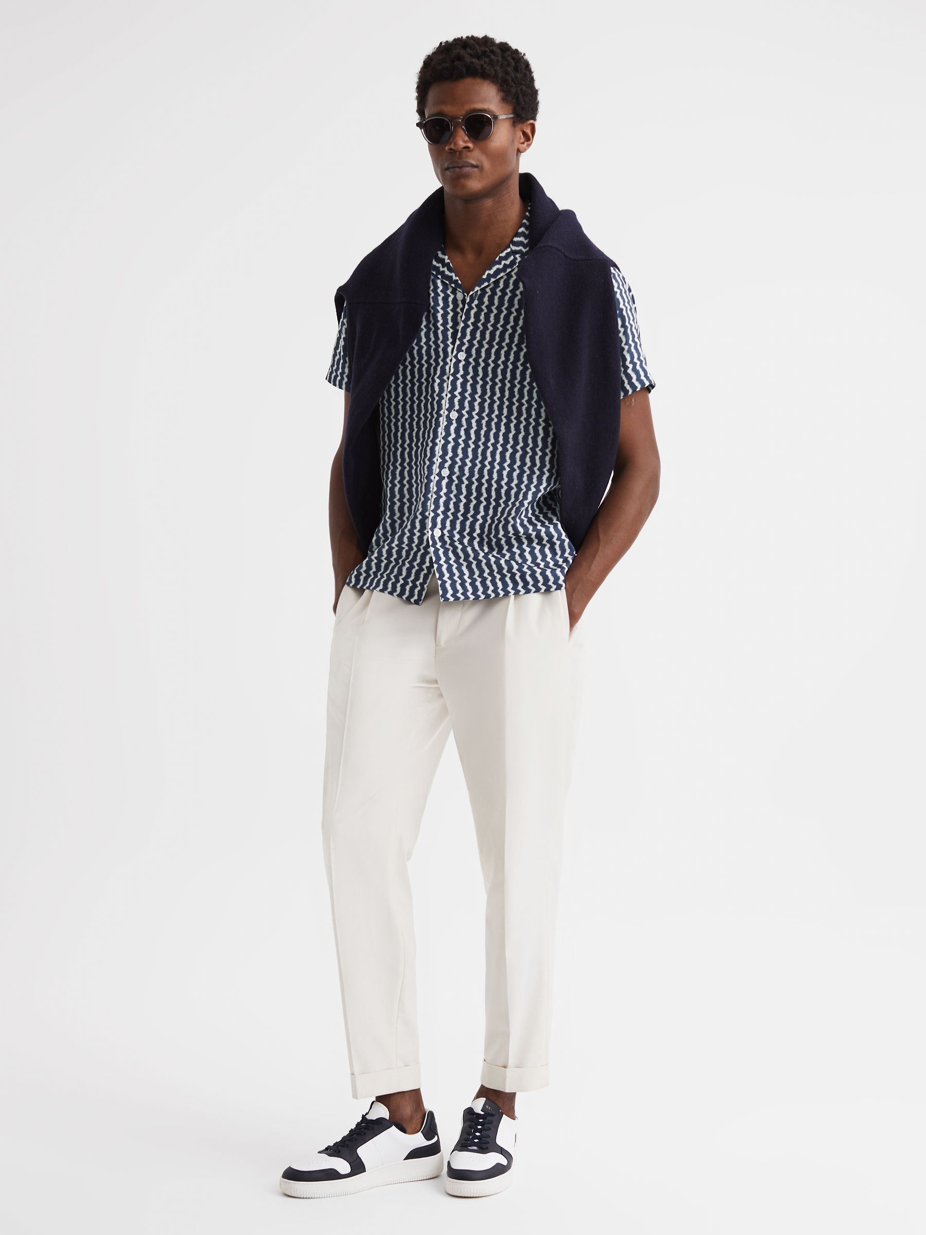 Slim Fit Cuban Collar Printed Shirt in Navy - Image 6 of 6