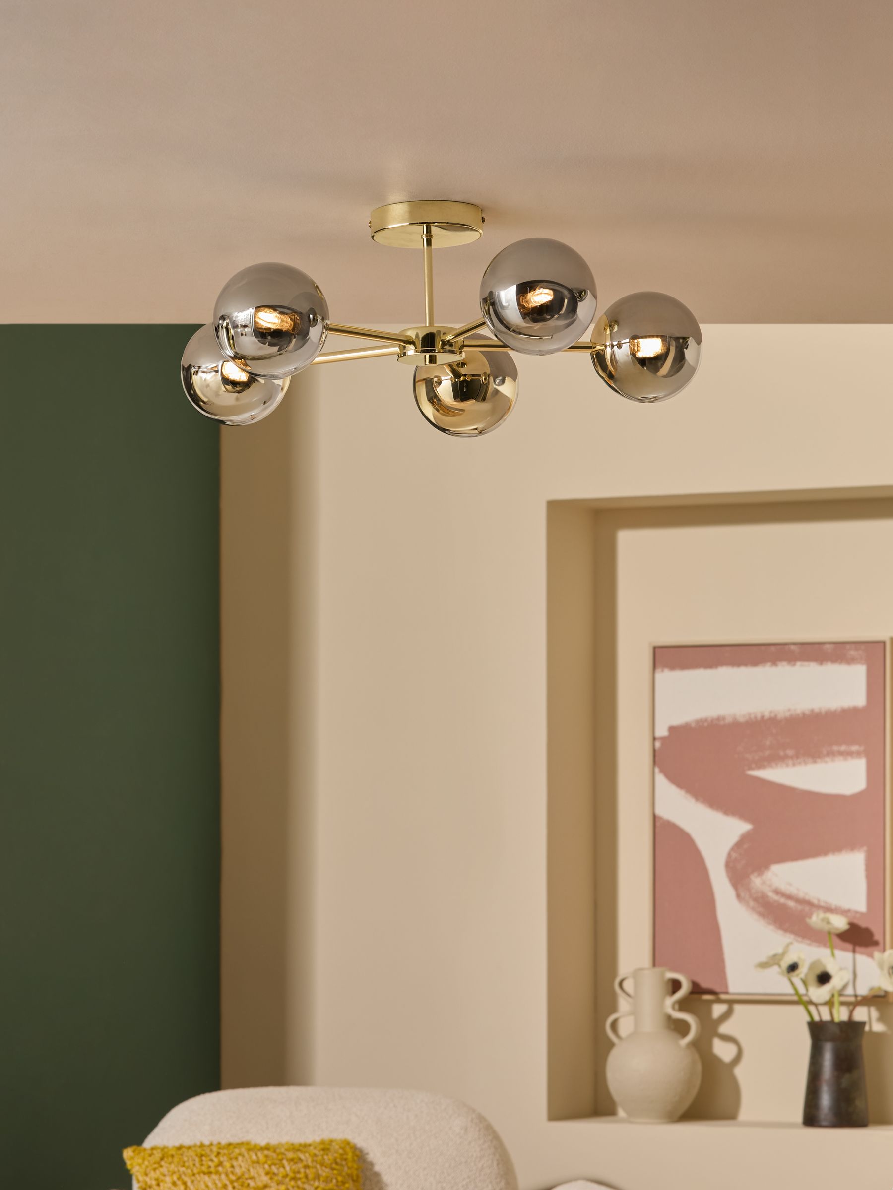 Globe 5 Light Flush Ceiling Light in Brass/Smoked Glass - Image 2 of 7