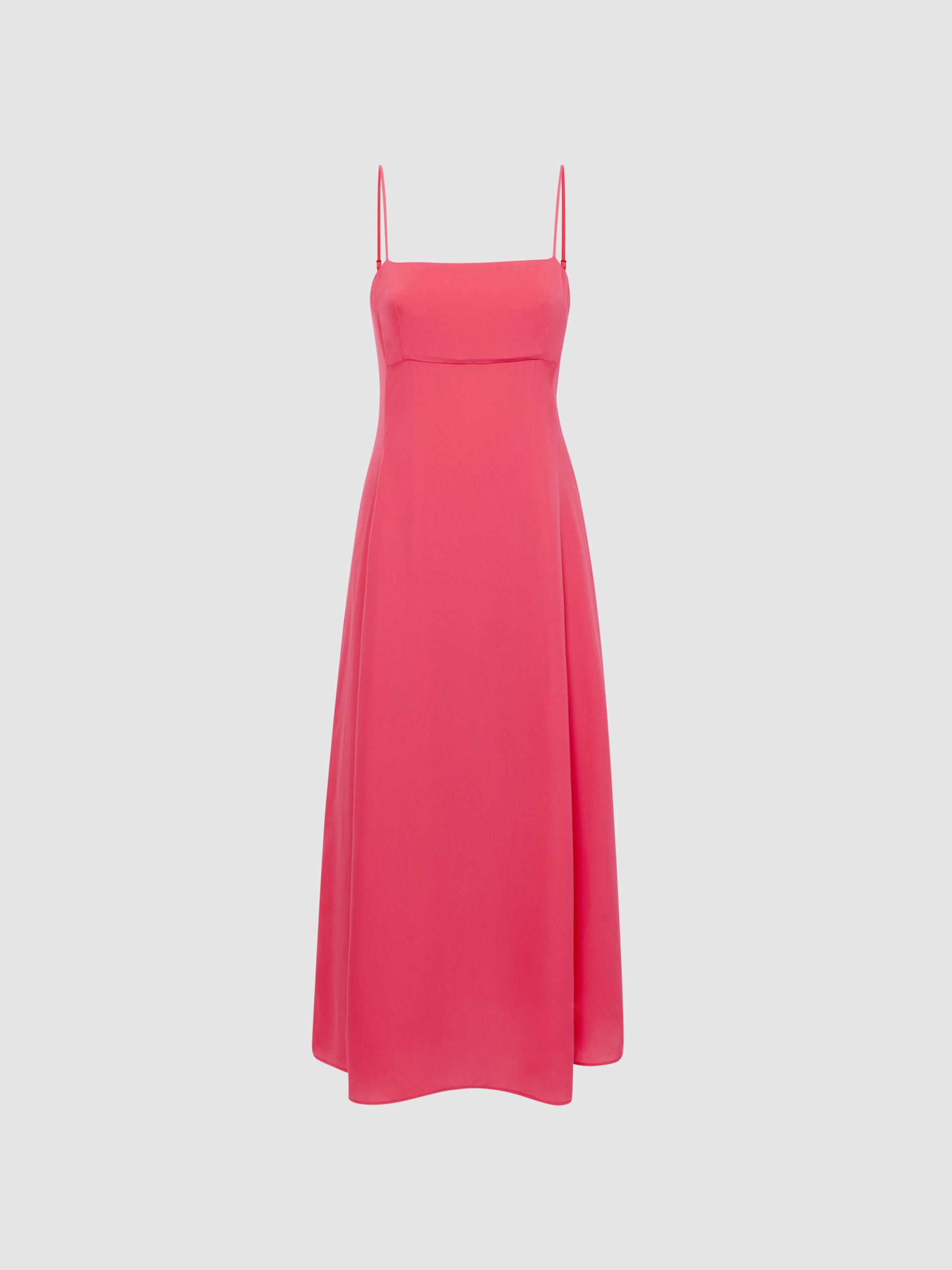 Reiss Square Neck Fitted Midi Dress in Coral - REISS