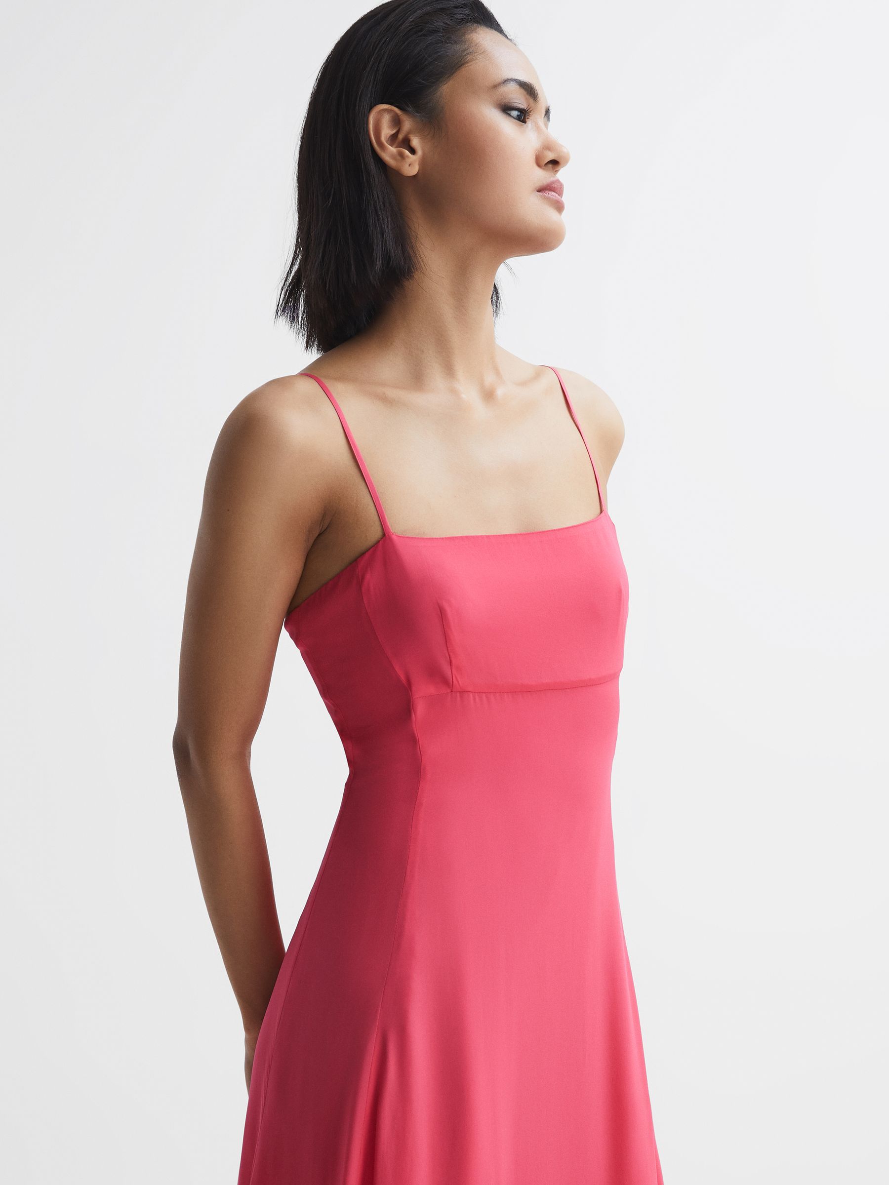 Reiss Square Neck Fitted Midi Dress in Coral - REISS