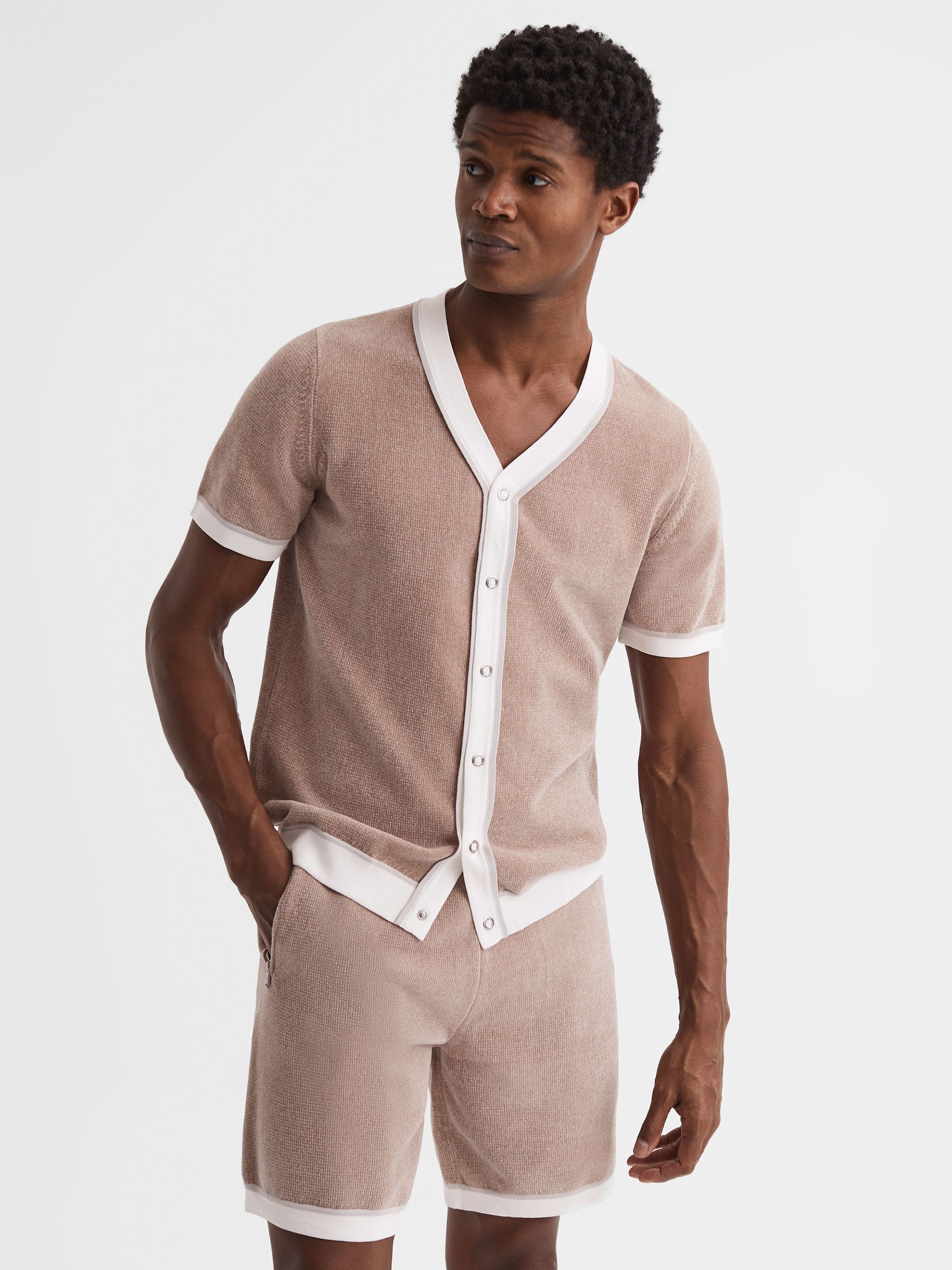 Chenille Press Stud V-Neck Shirt in Champagne - Image 1 of 5