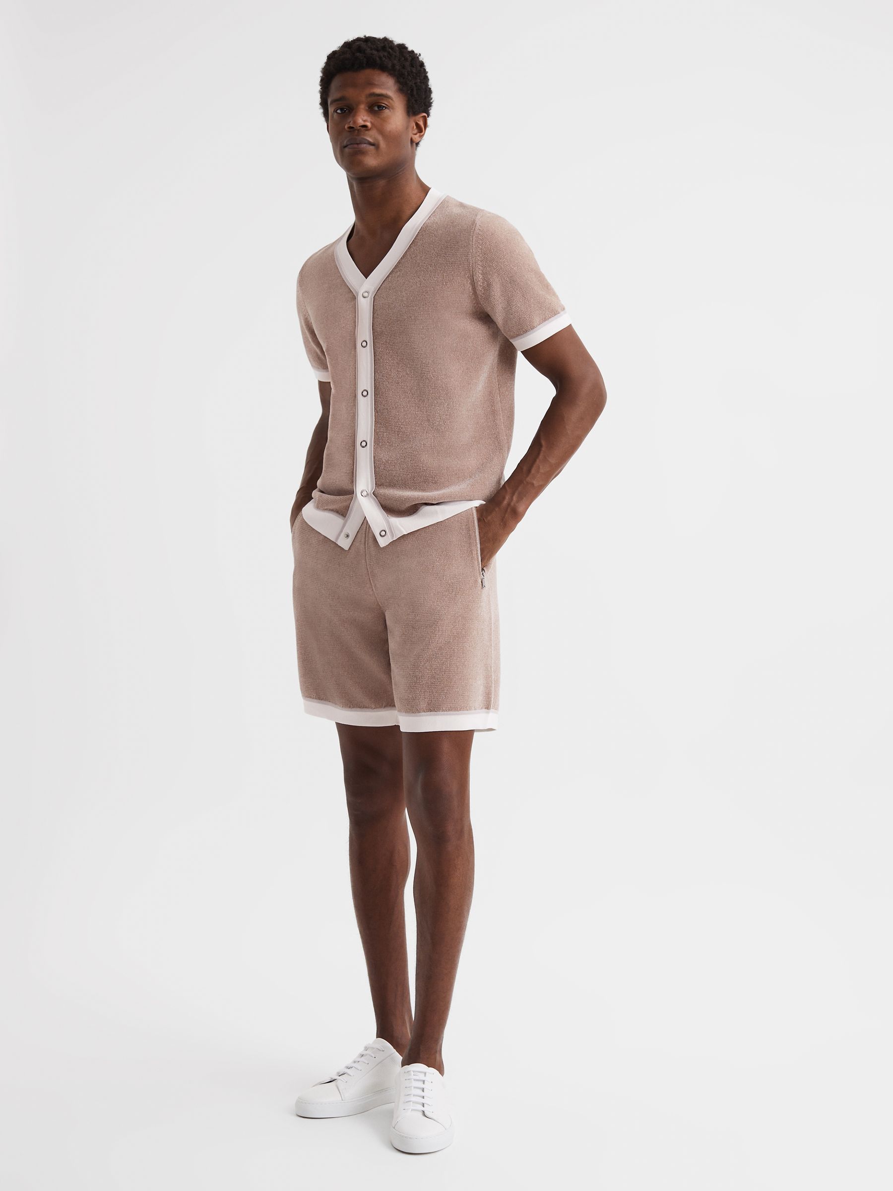 Chenille Press Stud V-Neck Shirt in Champagne - Image 3 of 5