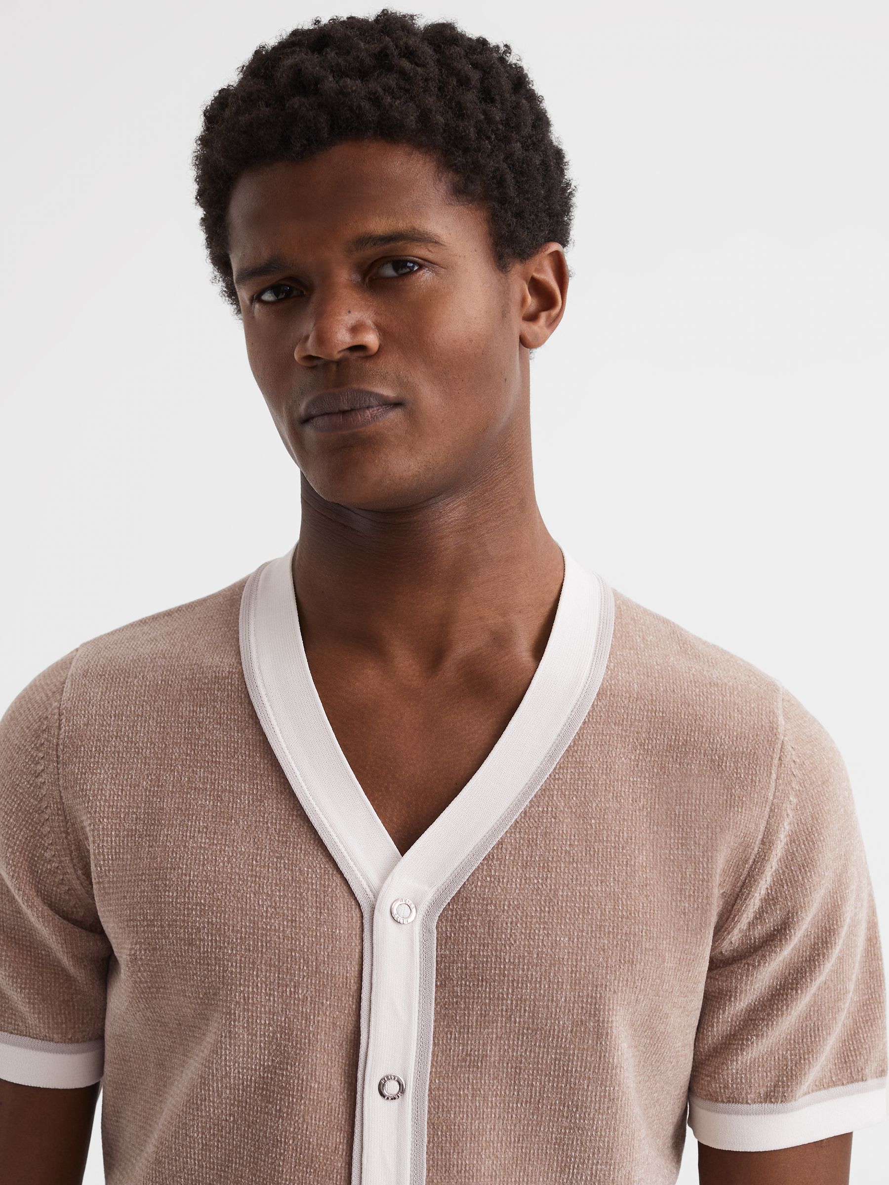 Chenille Press Stud V-Neck Shirt in Champagne - Image 4 of 5