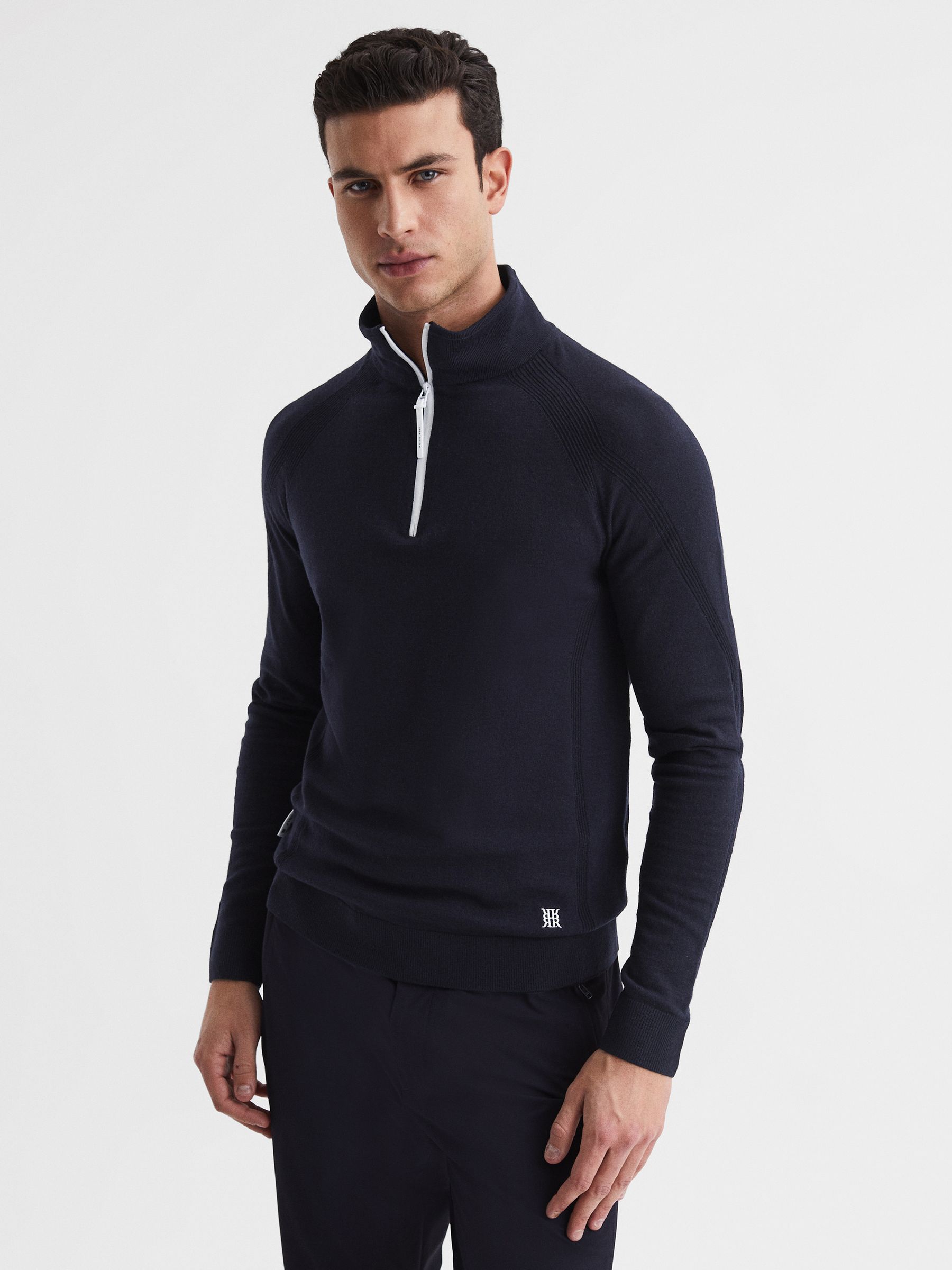 Golf Stretch Merino Zip Neck Jumper in Navy - Image 1 of 6