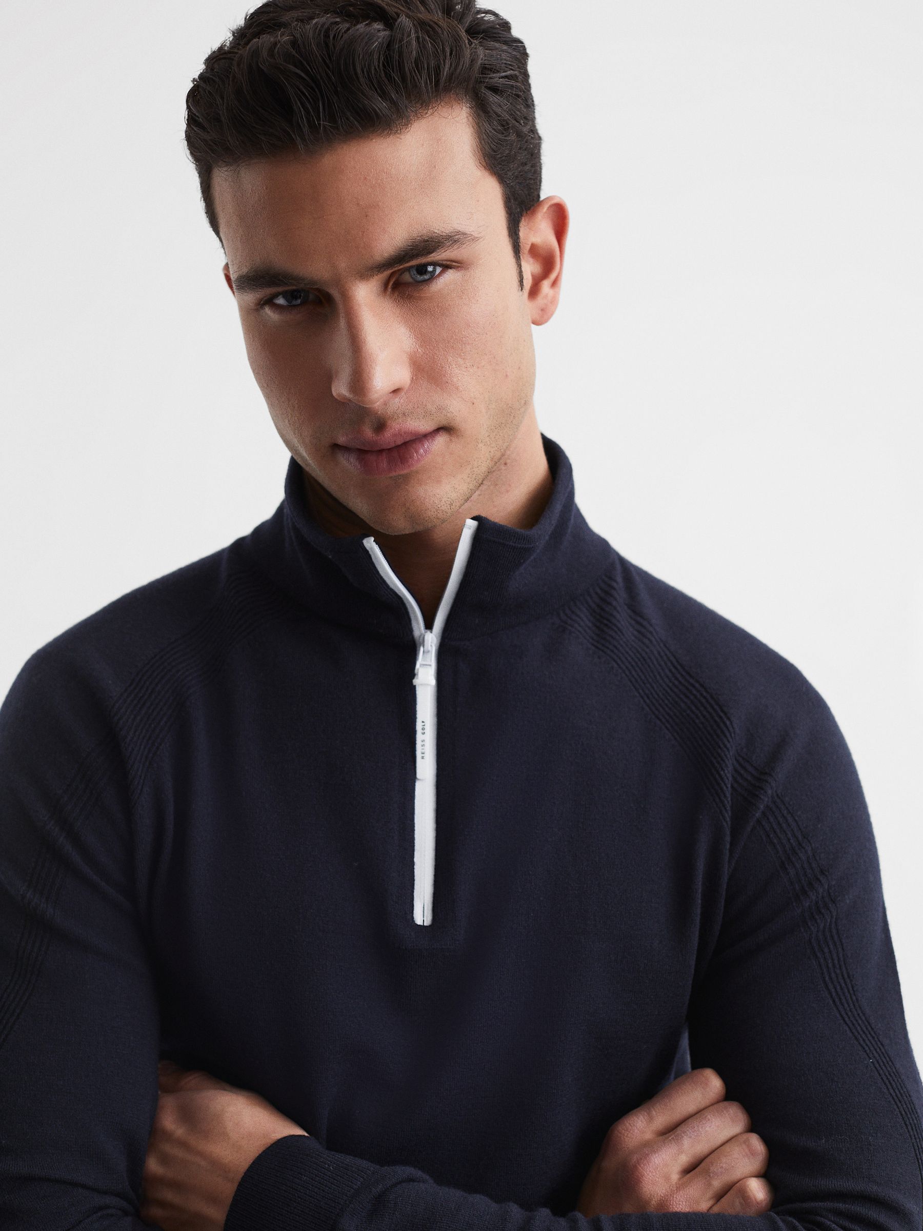 Golf Stretch Merino Zip Neck Jumper in Navy - Image 4 of 6