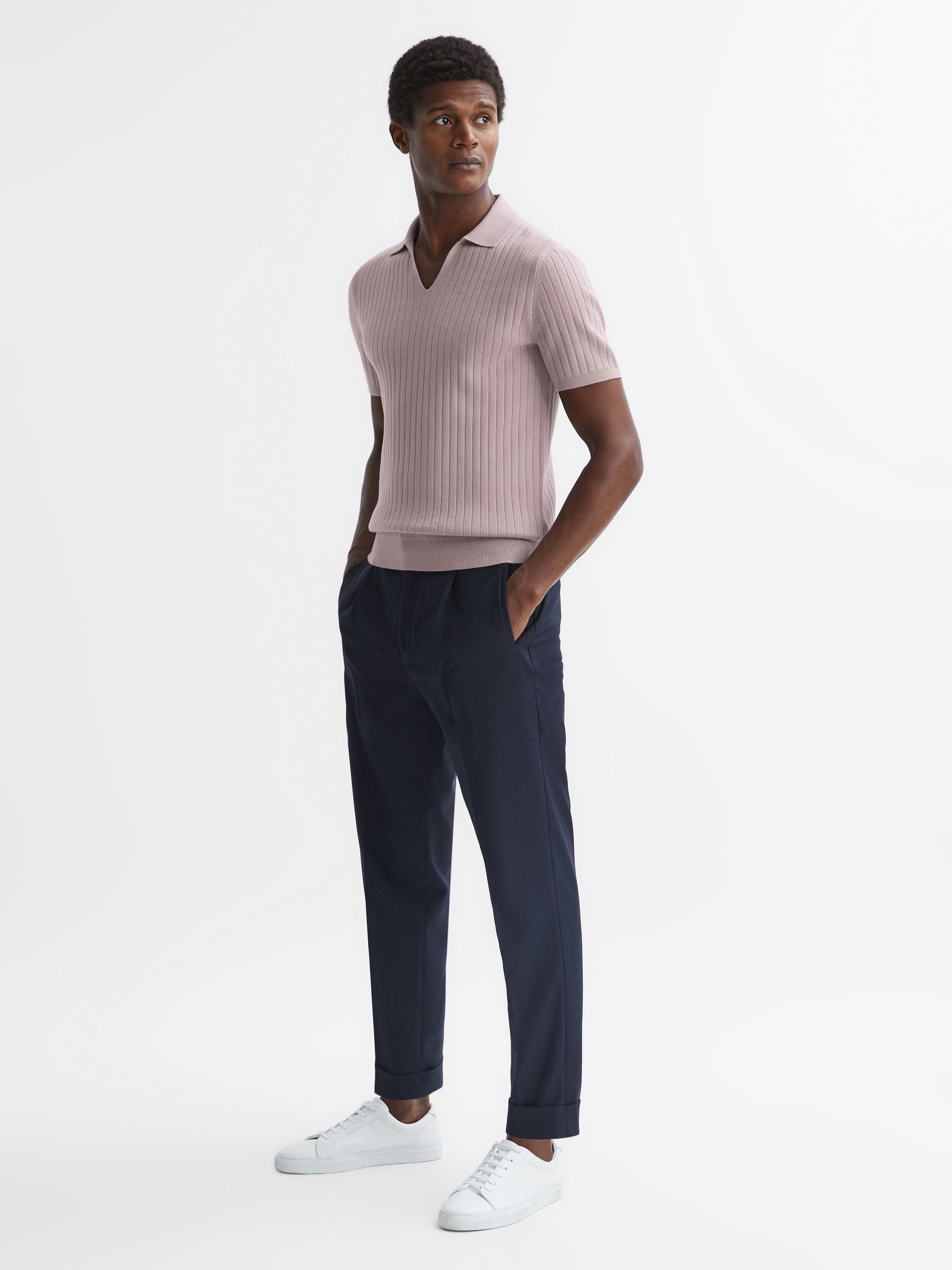 Slim Fit Open Collar Polo Shirt in Cherry Pink - Image 3 of 4