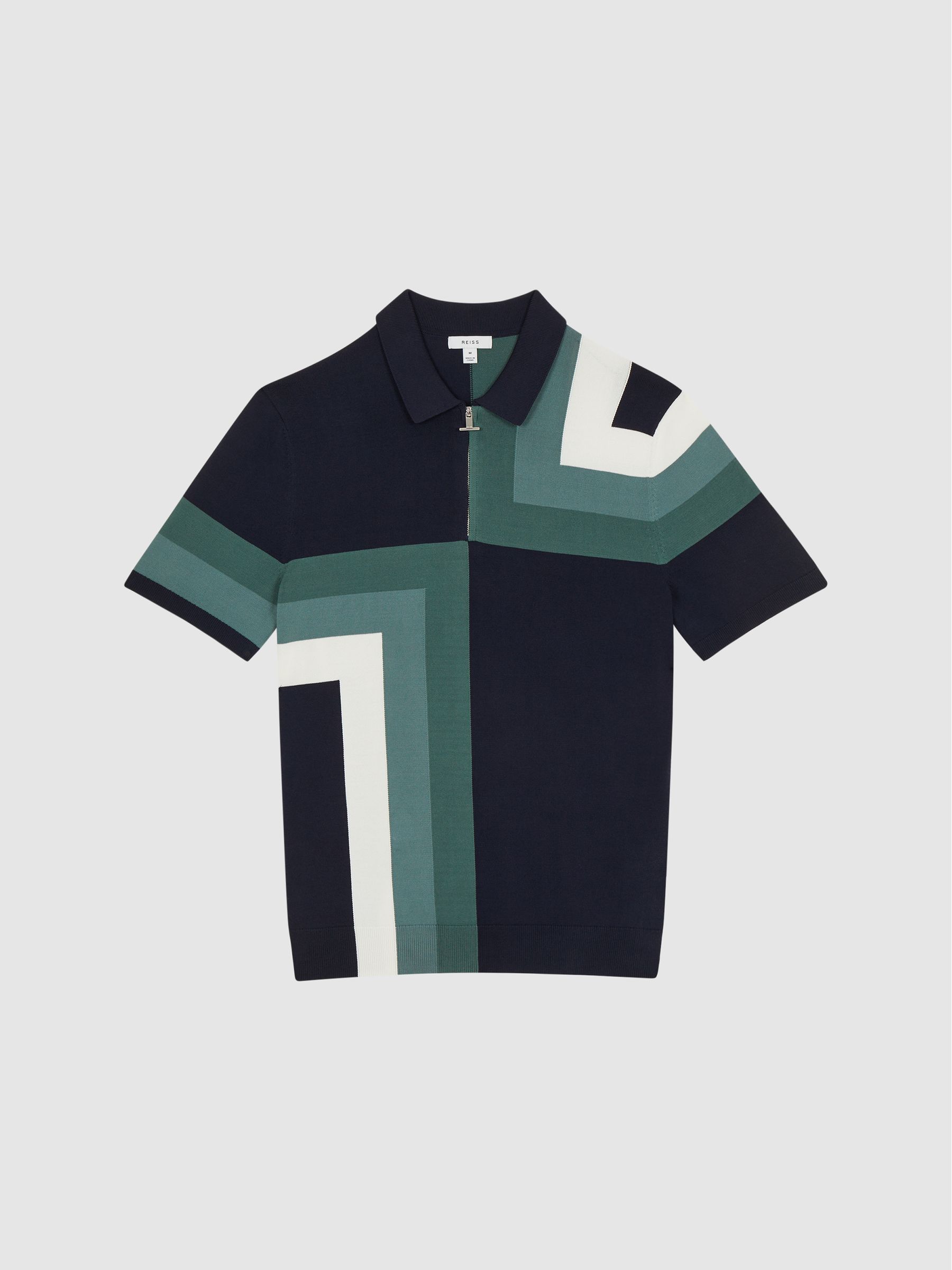 Slim Fit Short Sleeve Half Zip Colourblock Polo Shirt in Navy - Image 2 of 7 Slim Fit Short Sleeve Half Zip Colourblock Polo Shirt in Navy - Image 2 of 7