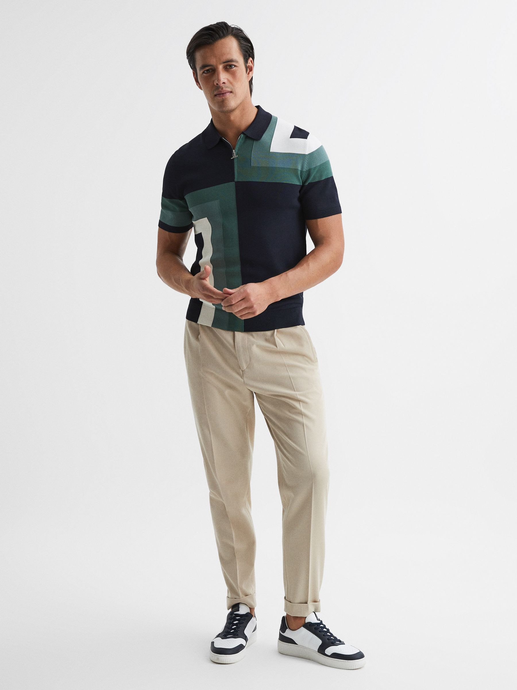 Slim Fit Short Sleeve Half Zip Colourblock Polo Shirt in Navy - Image 3 of 7
