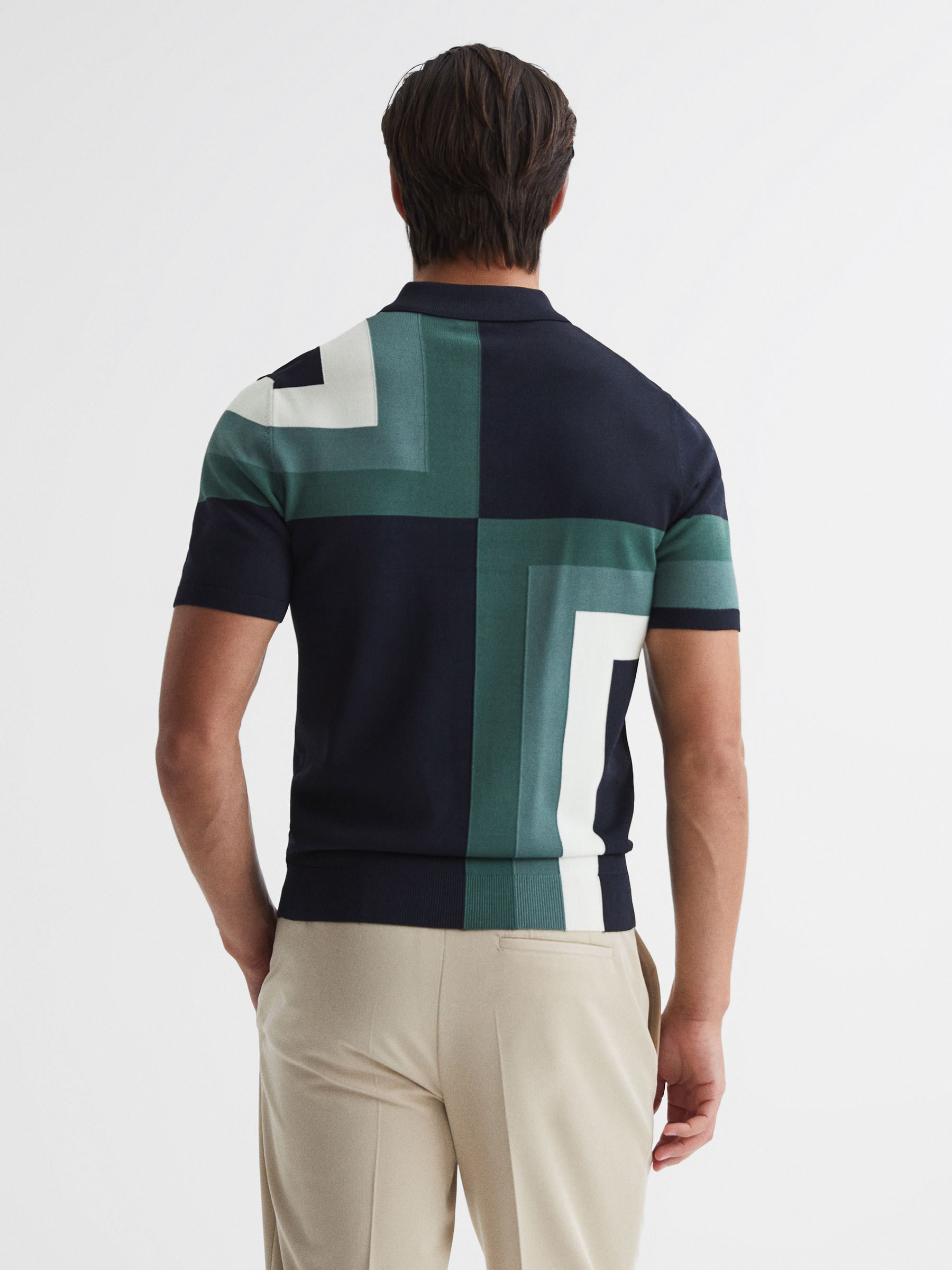 Slim Fit Short Sleeve Half Zip Colourblock Polo Shirt in Navy - Image 5 of 7