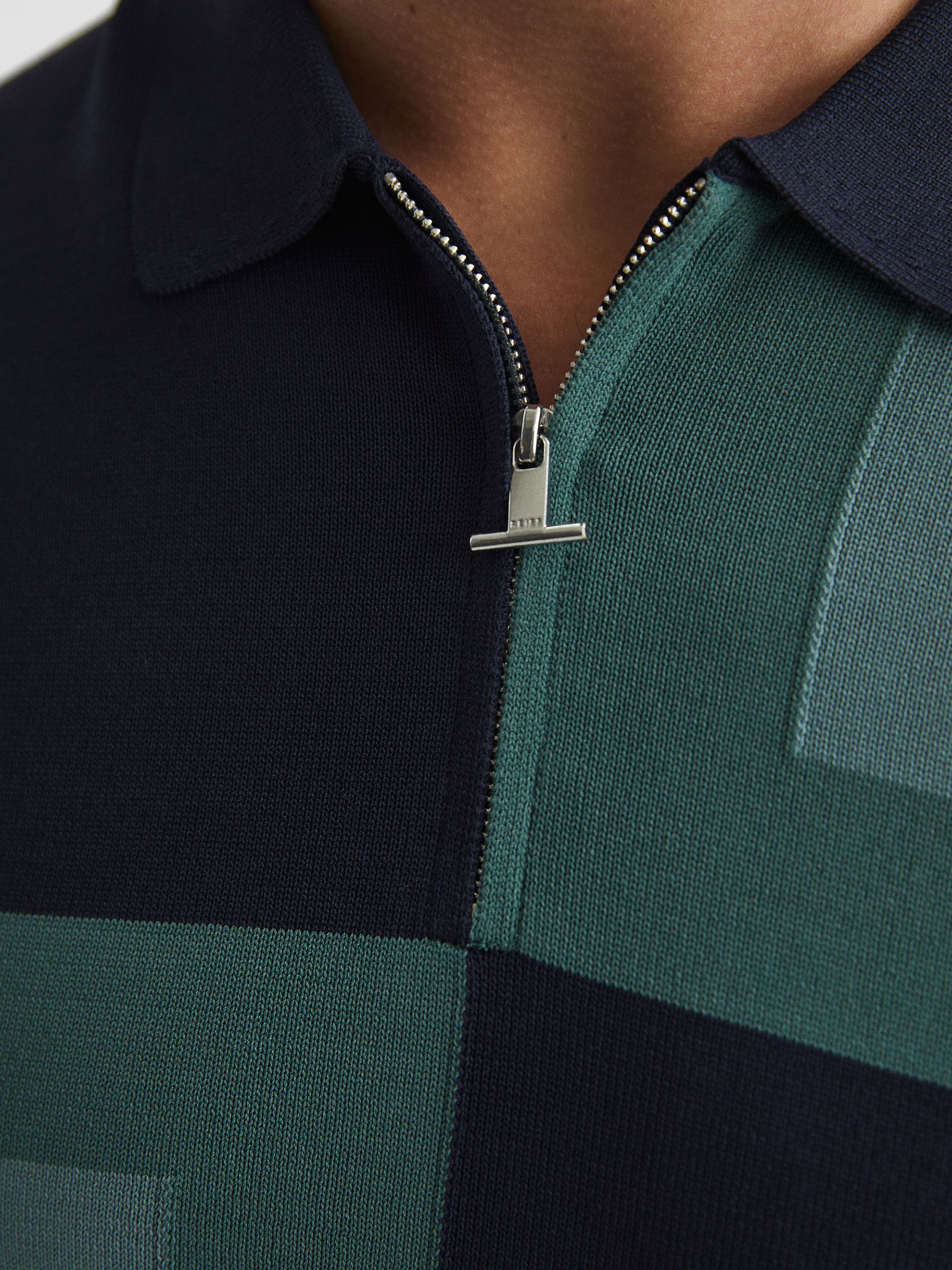 Slim Fit Short Sleeve Half Zip Colourblock Polo Shirt in Navy - Image 6 of 7