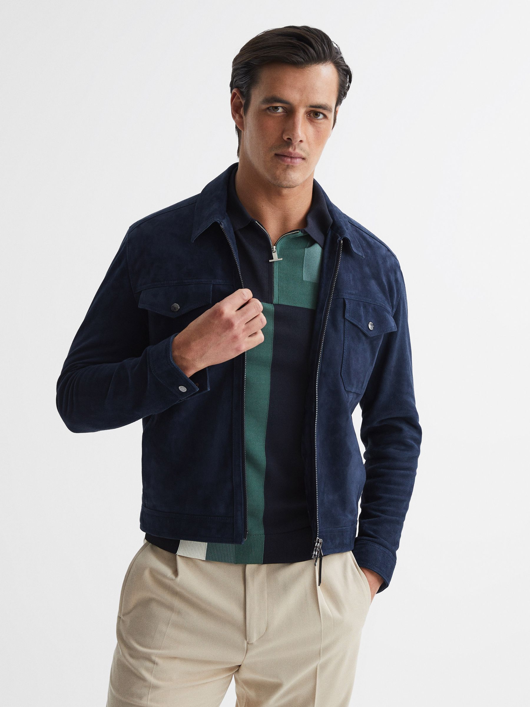 Slim Fit Short Sleeve Half Zip Colourblock Polo Shirt in Navy - Image 7 of 7