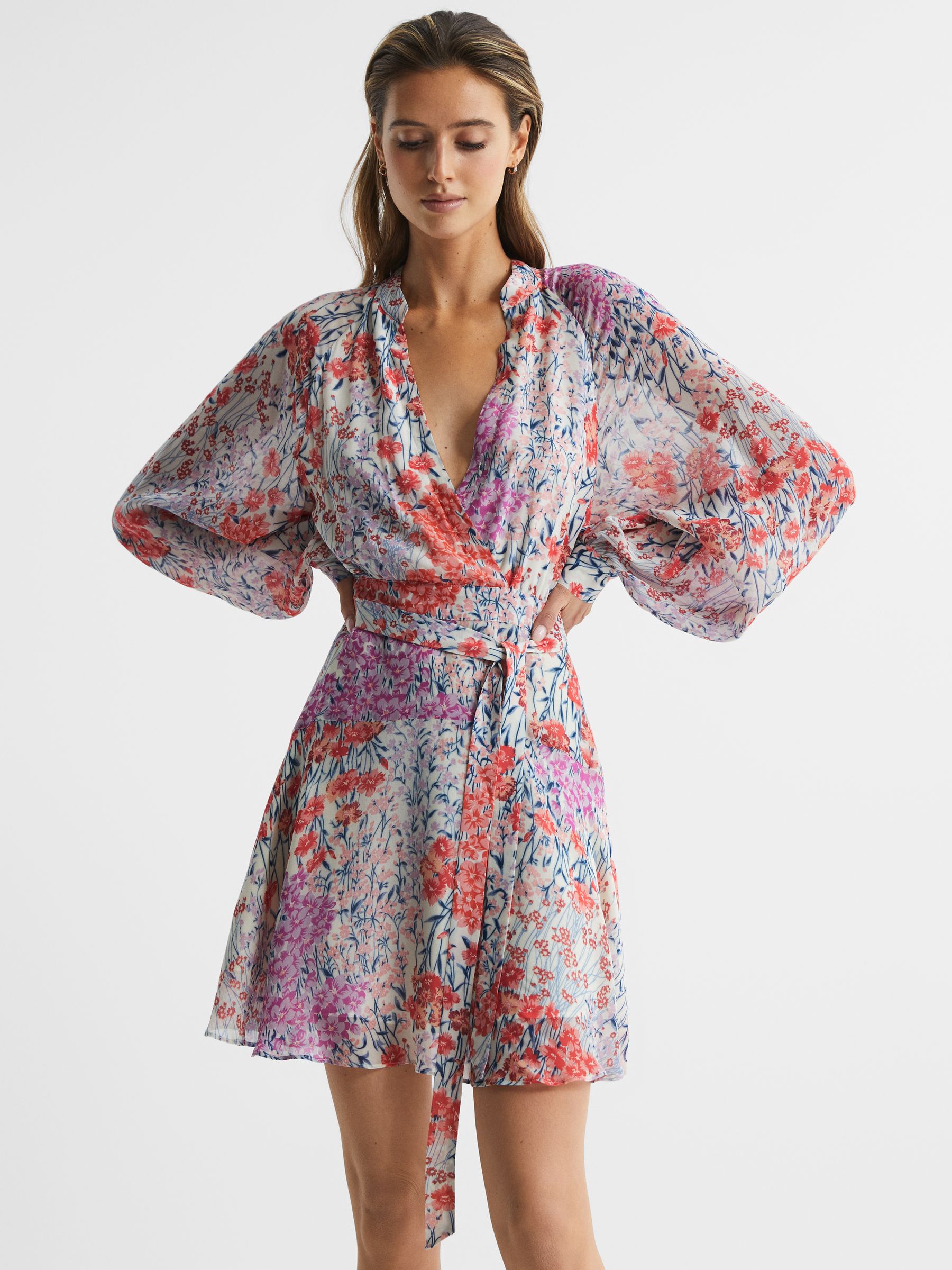 Floral Printed Mini Dress in Coral/White - Image 1 of 6 Floral Printed Mini Dress in Coral/White - Image 1 of 6