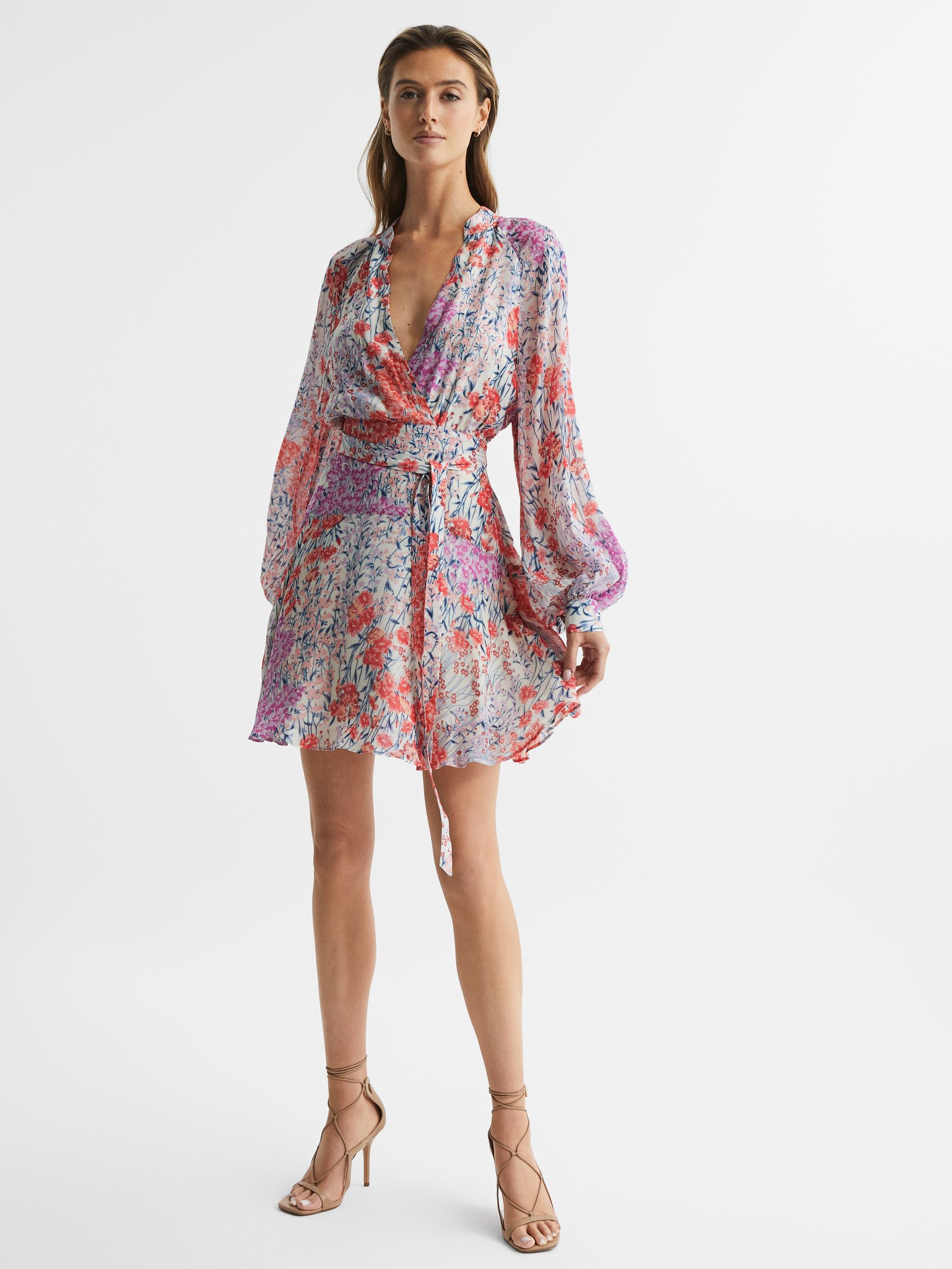 Floral Printed Mini Dress in Coral/White - Image 1 of 5