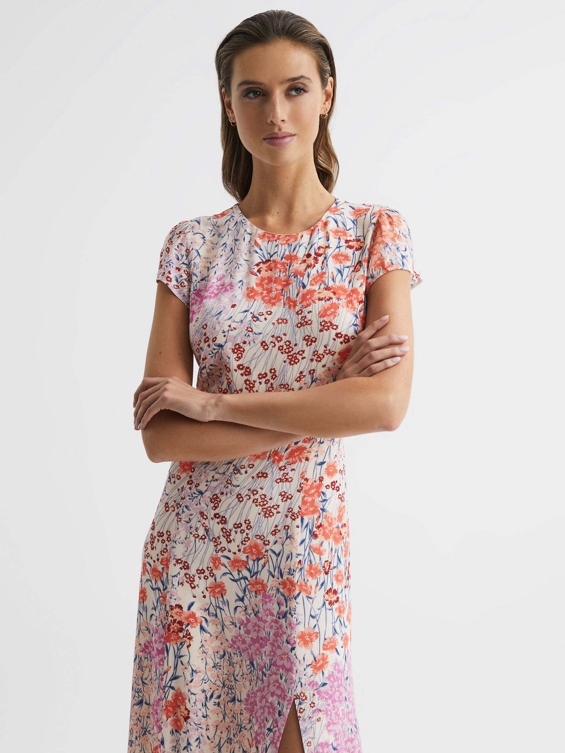 Floral Print Cap Sleeve Dress in Coral/White - Image 3 of 6