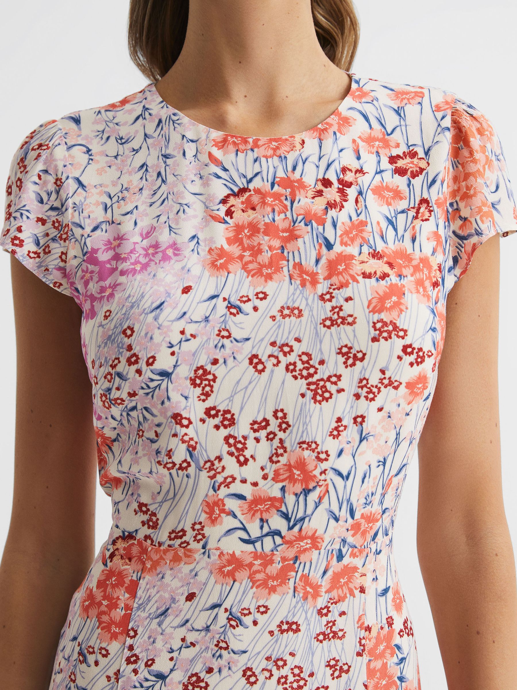 Floral Print Cap Sleeve Dress in Coral/White - Image 4 of 6