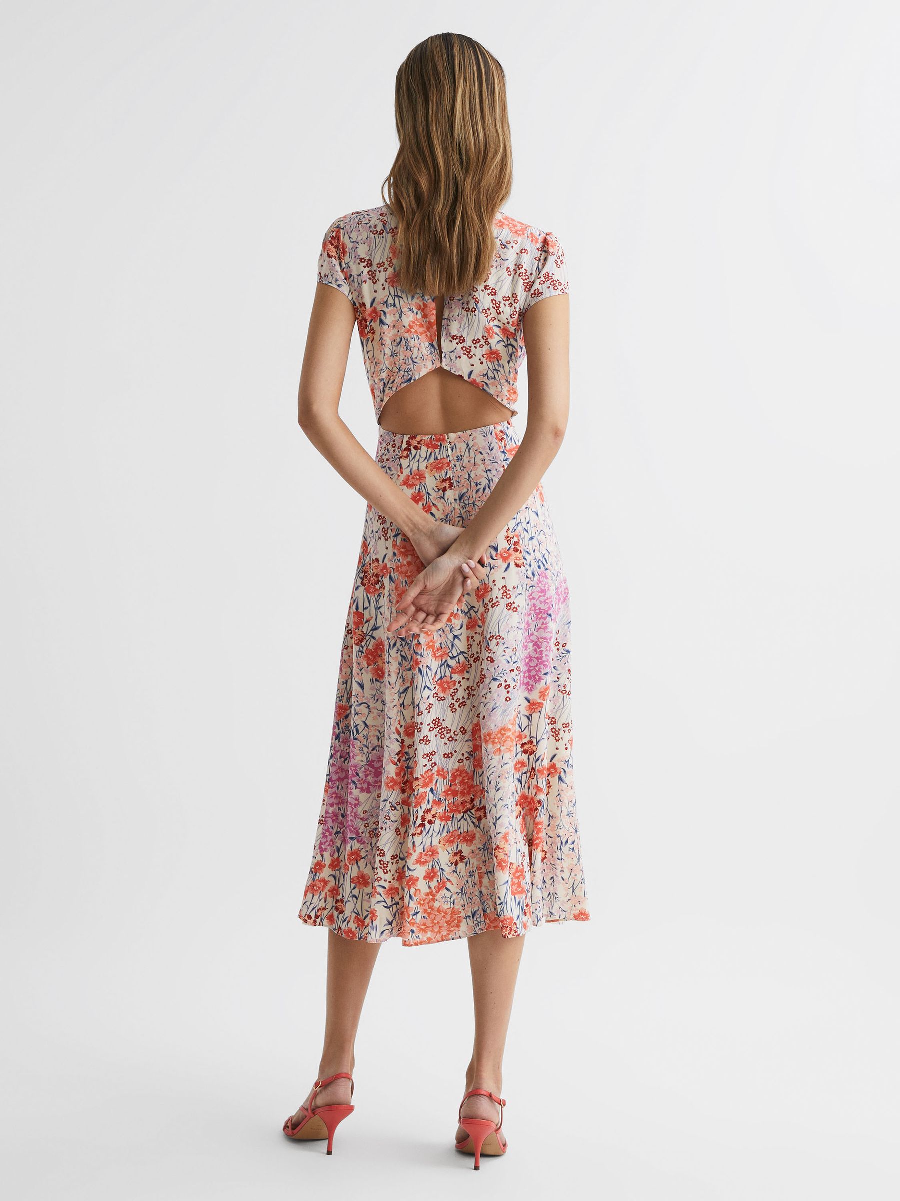 Floral Print Cap Sleeve Dress in Coral/White - Image 5 of 6