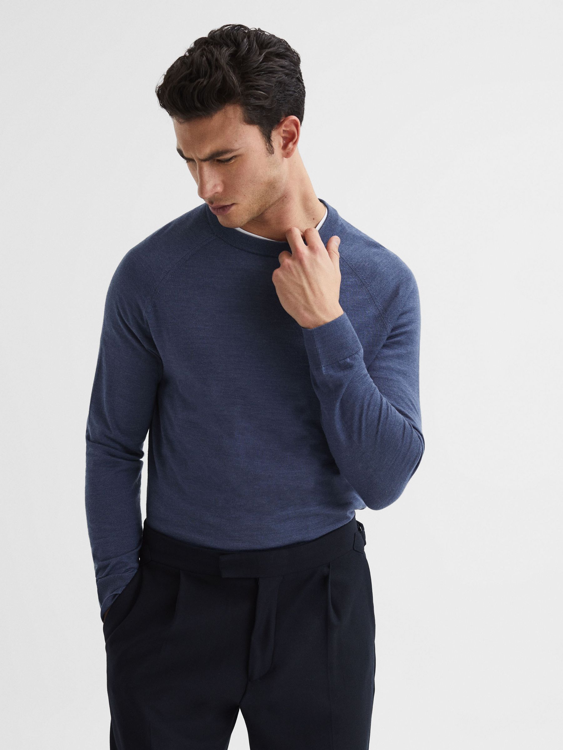 Merino Silk Knitted Jumper in Airforce Blue - Image 1 of 6