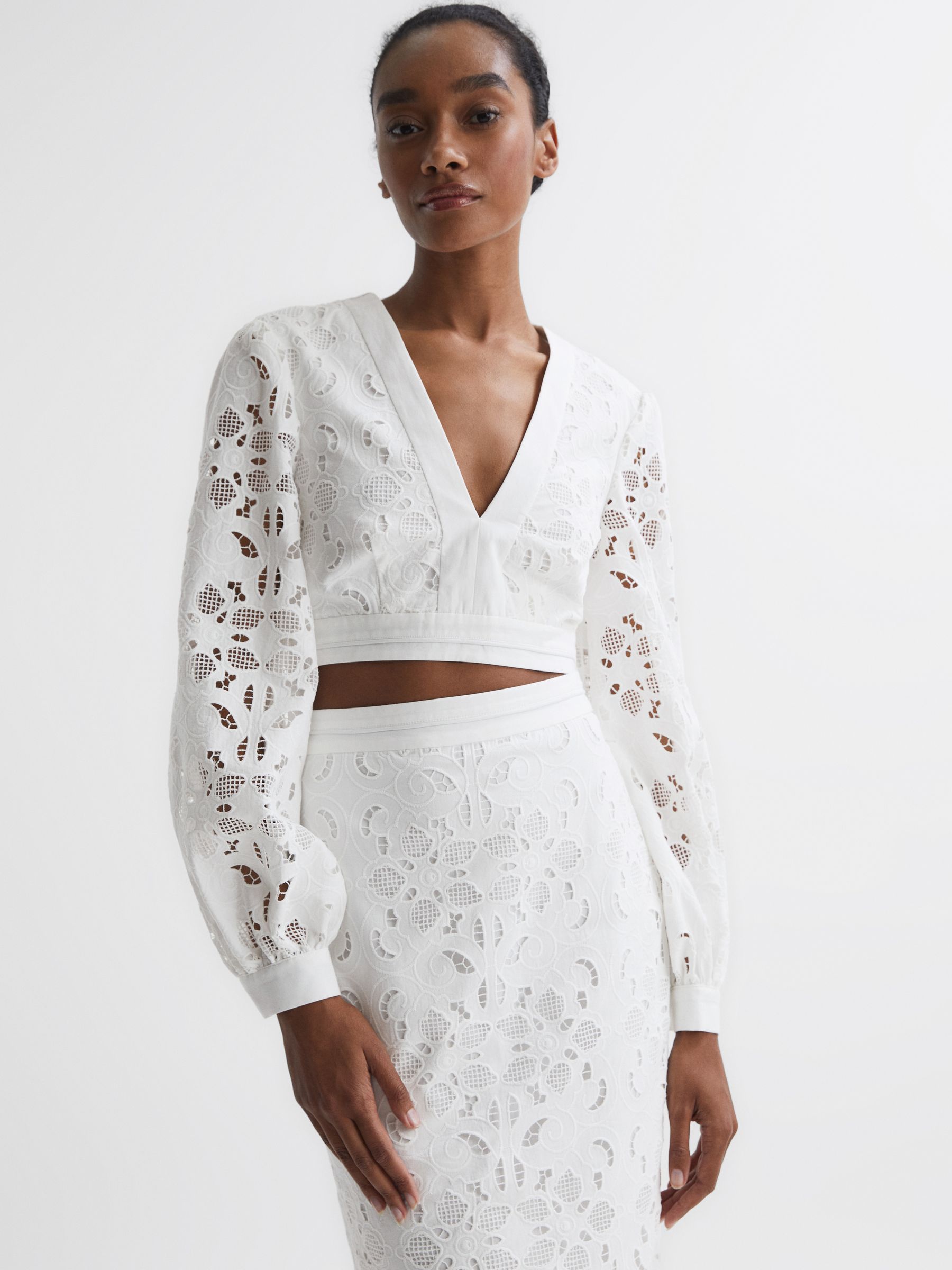 Lace Cropped Co-ord Blouse in White - Image 1 of 5