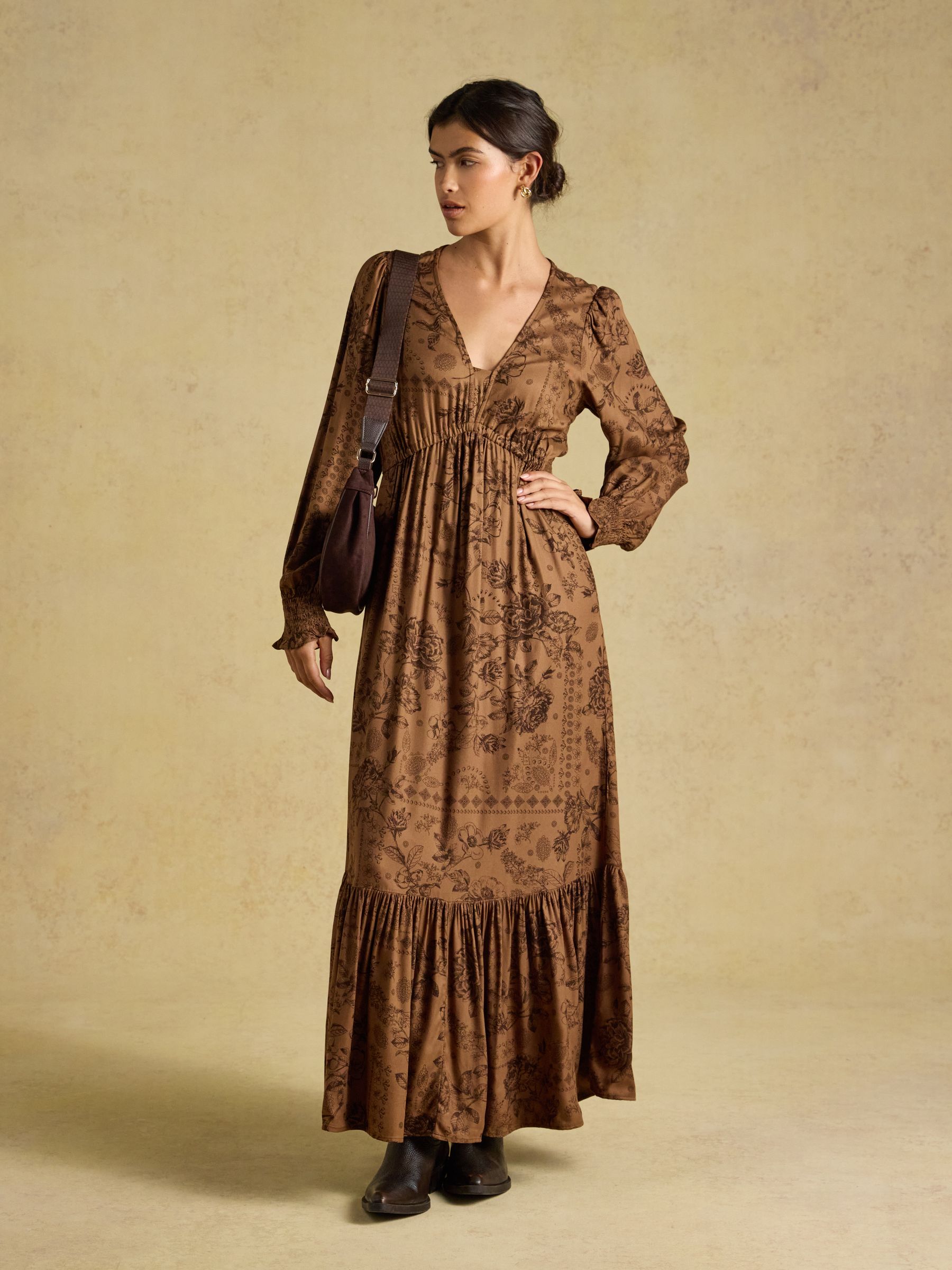 Etta Tan Brown Floral V Neck Dress - Image 1 of 8