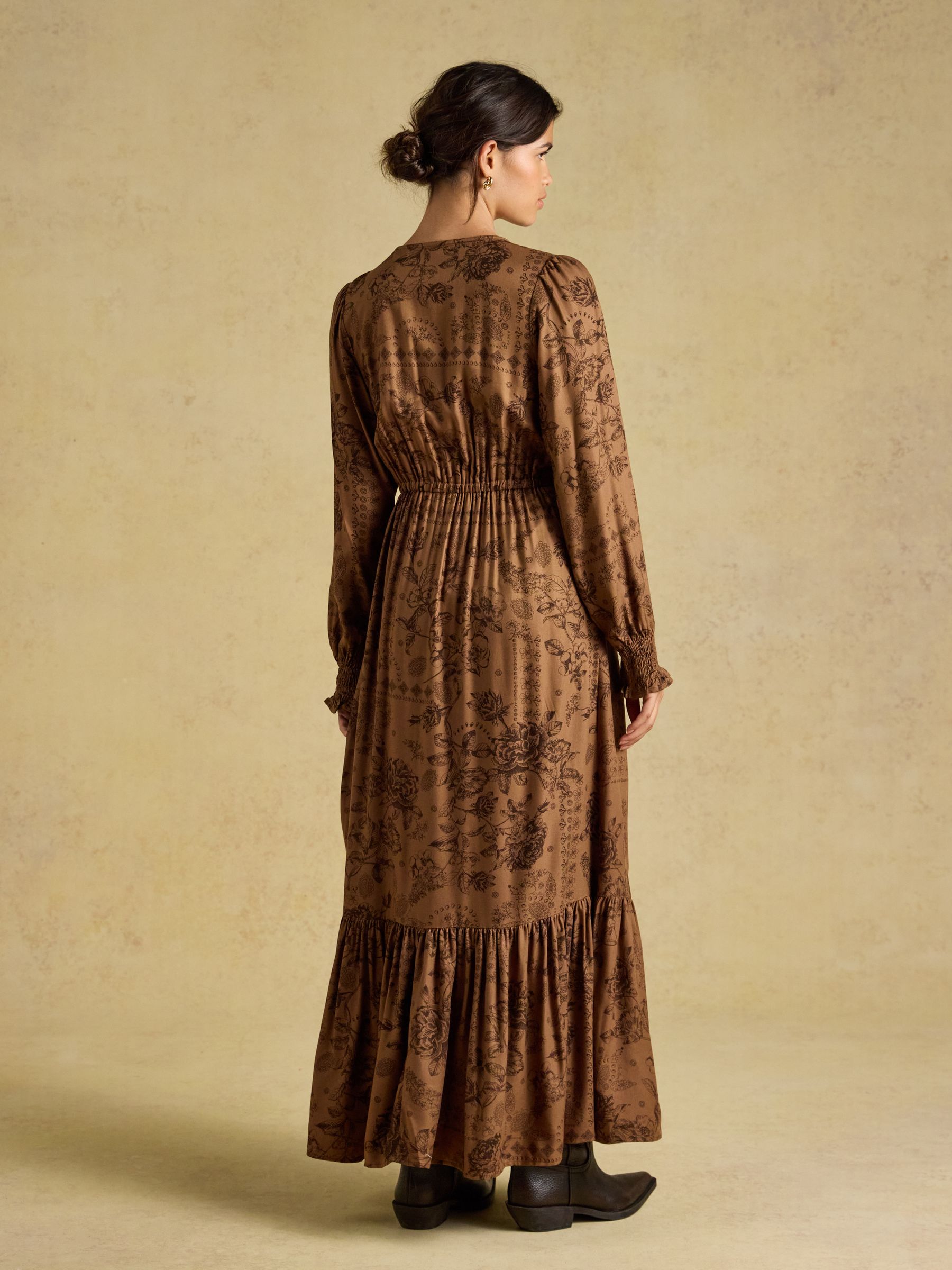 Etta Tan Brown Floral V Neck Dress - Image 2 of 8 Etta Tan Brown Floral V Neck Dress - Image 2 of 8