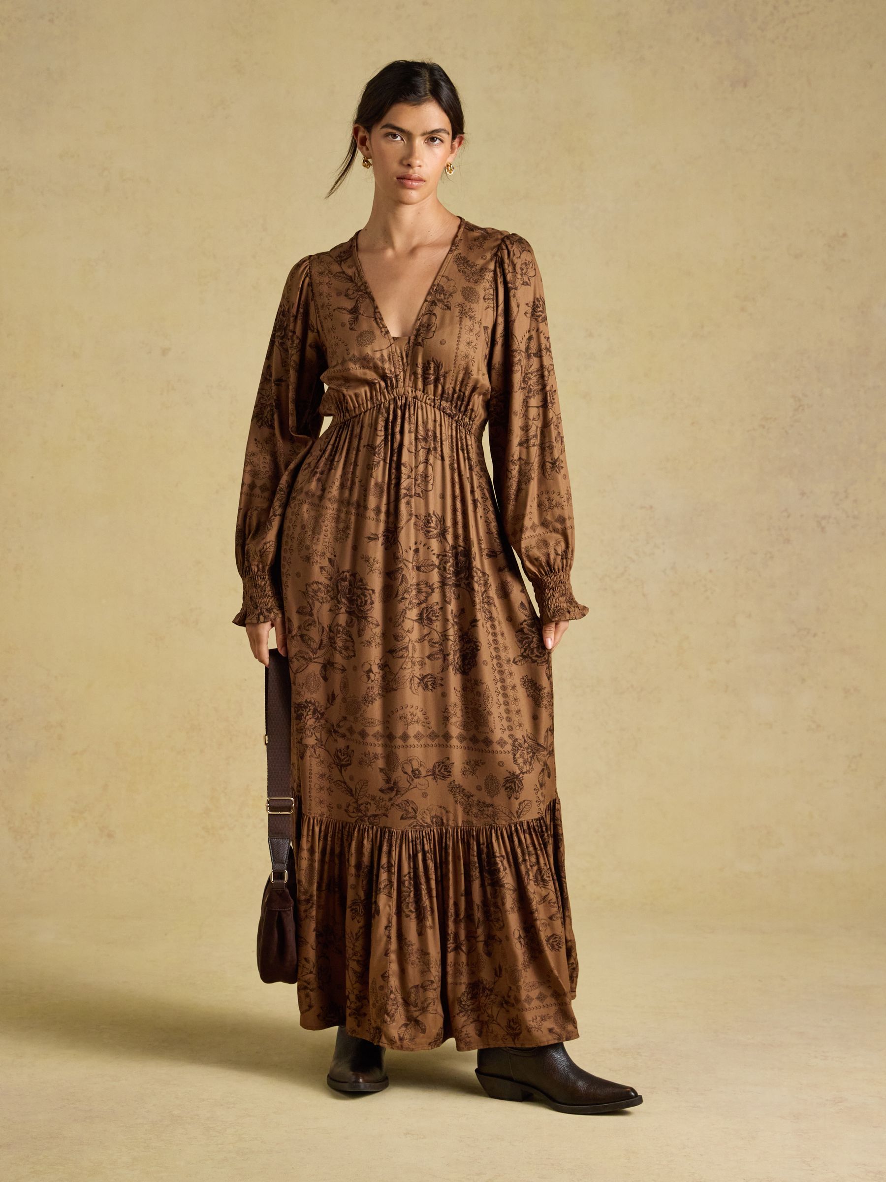 Etta Tan Brown Floral V Neck Dress - Image 6 of 8