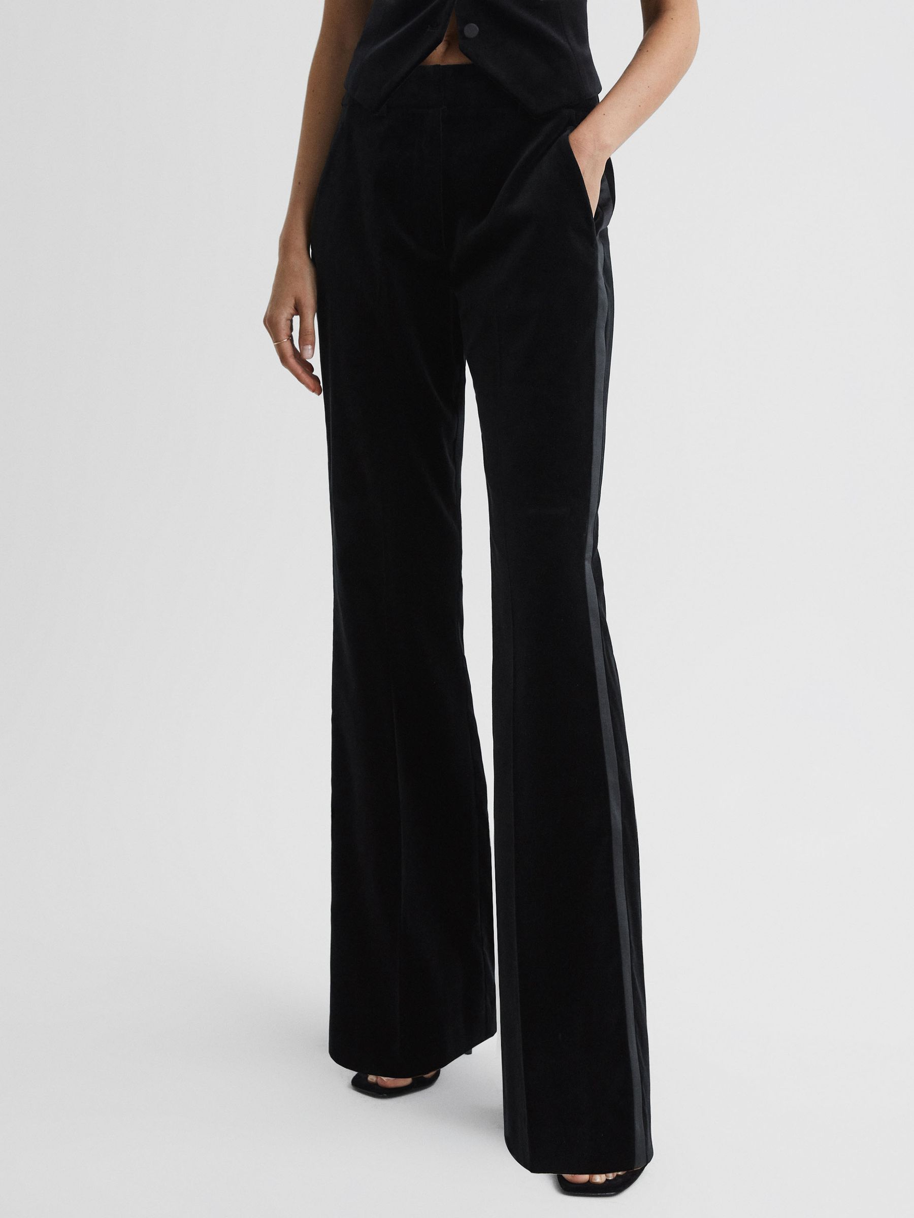 Velvet Flared Suit Trousers in Black - Image 1 of 5 Velvet Flared Suit Trousers in Black - Image 1 of 5