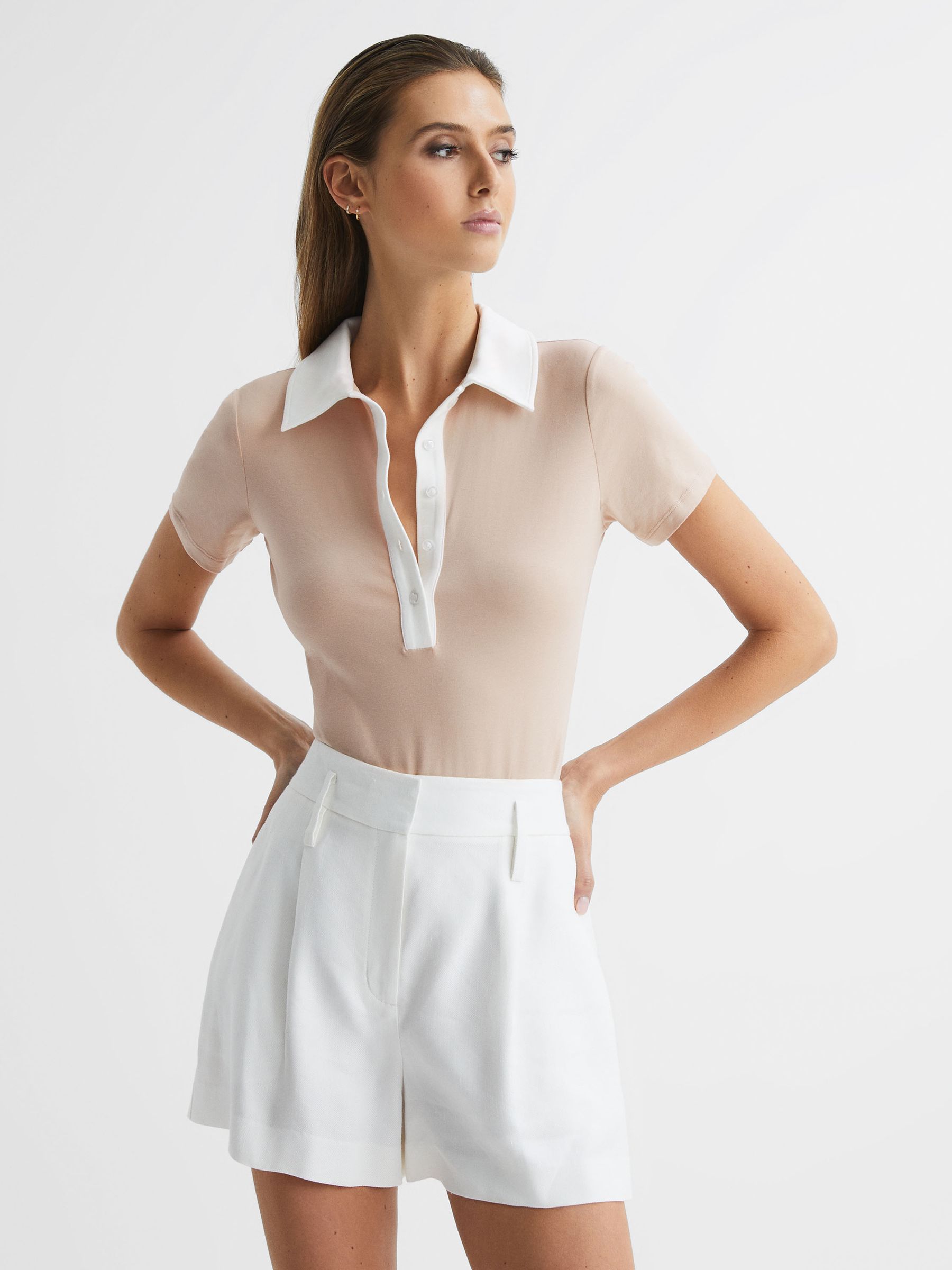 Short Sleeve Polo Bodysuit in Neutral/Ivory - Image 1 of 5
