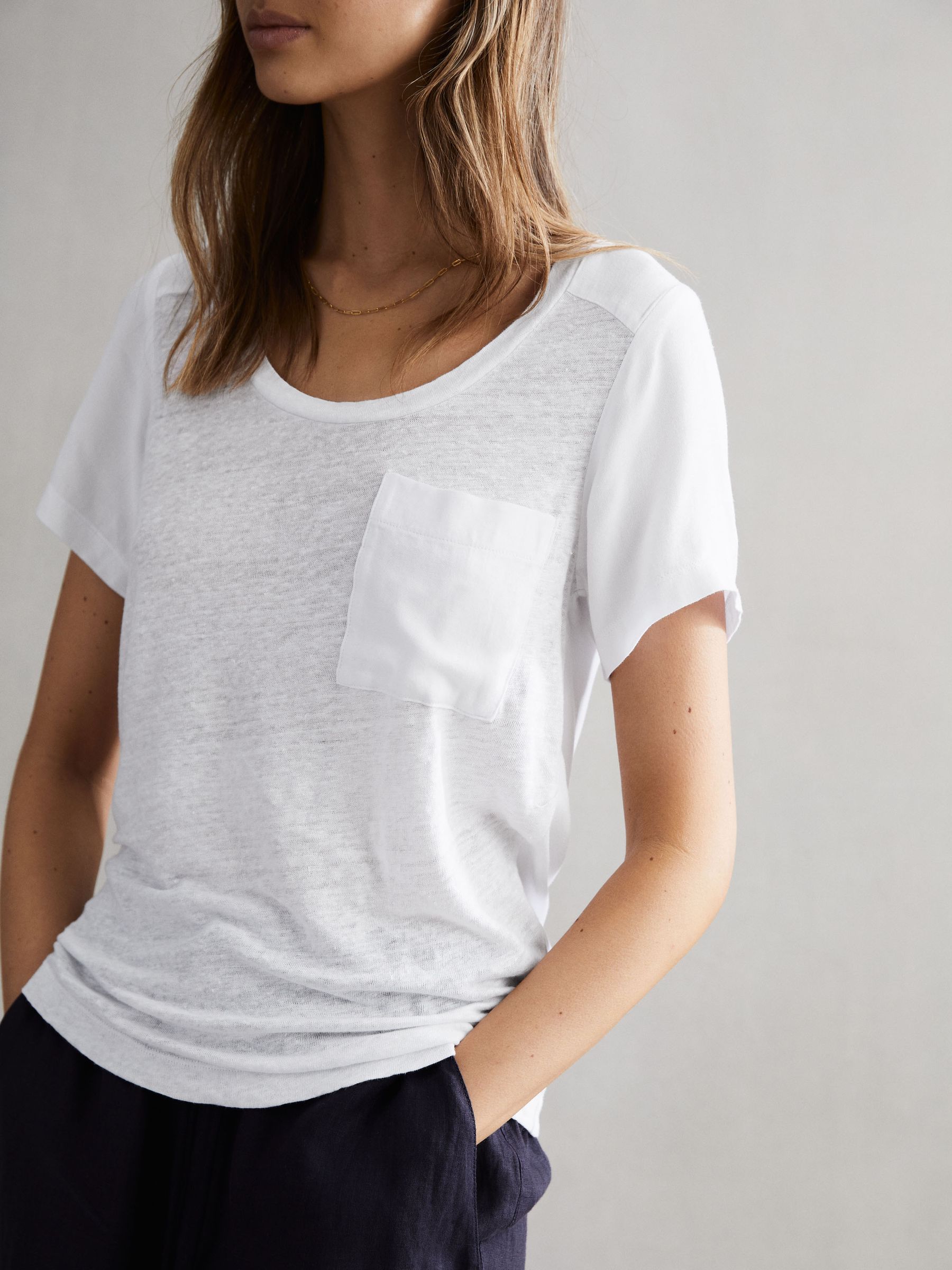 Woven Linen Short Sleeve T-Shirt in White - Image 1 of 4