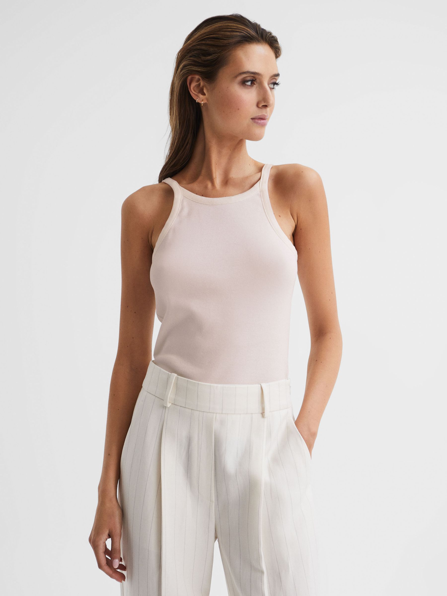 Reiss Linen Palm Print Halterneck Midi Dress in Neutral - REISS