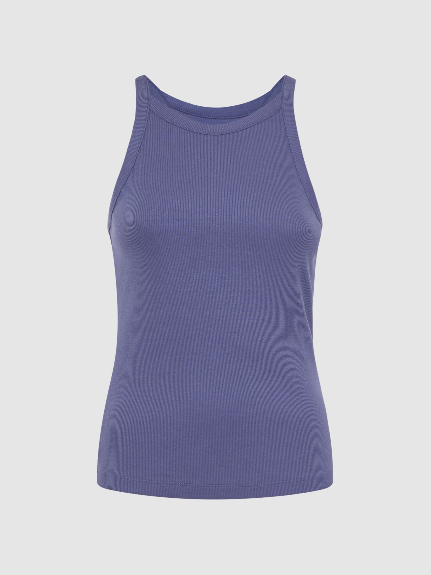 Crew Neck Ribbed Cami Vest Top in Dusty Blue - Image 2 of 5 Crew Neck Ribbed Cami Vest Top in Dusty Blue - Image 2 of 5