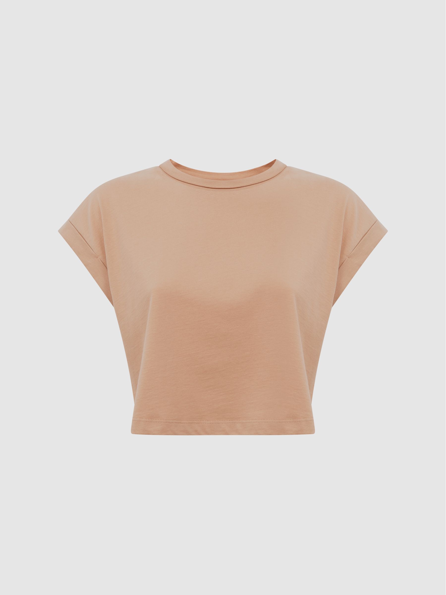 Cotton Crew Neck Crop Top in Camel - Image 2 of 6
