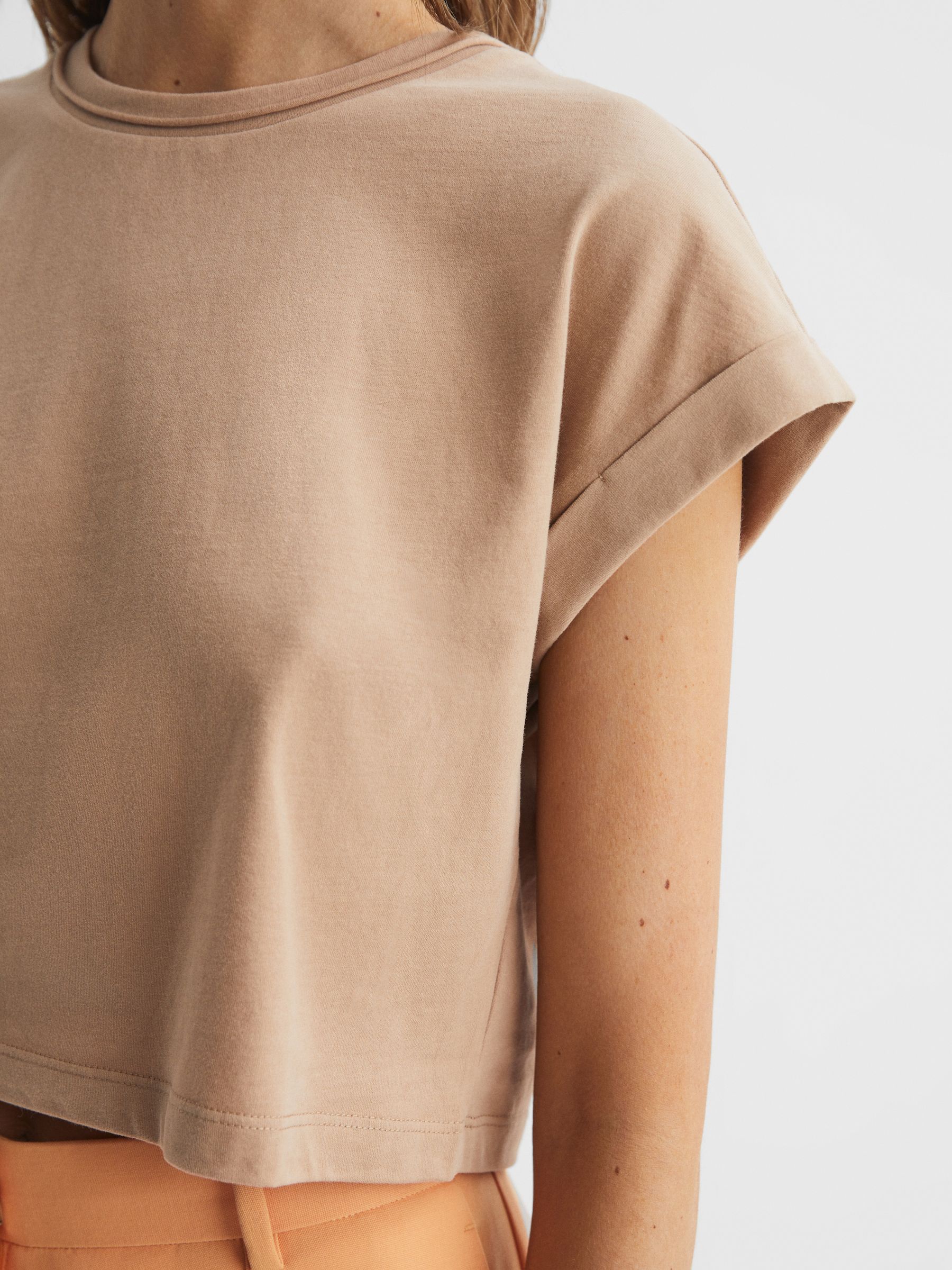 Cotton Crew Neck Crop Top in Camel - Image 4 of 6