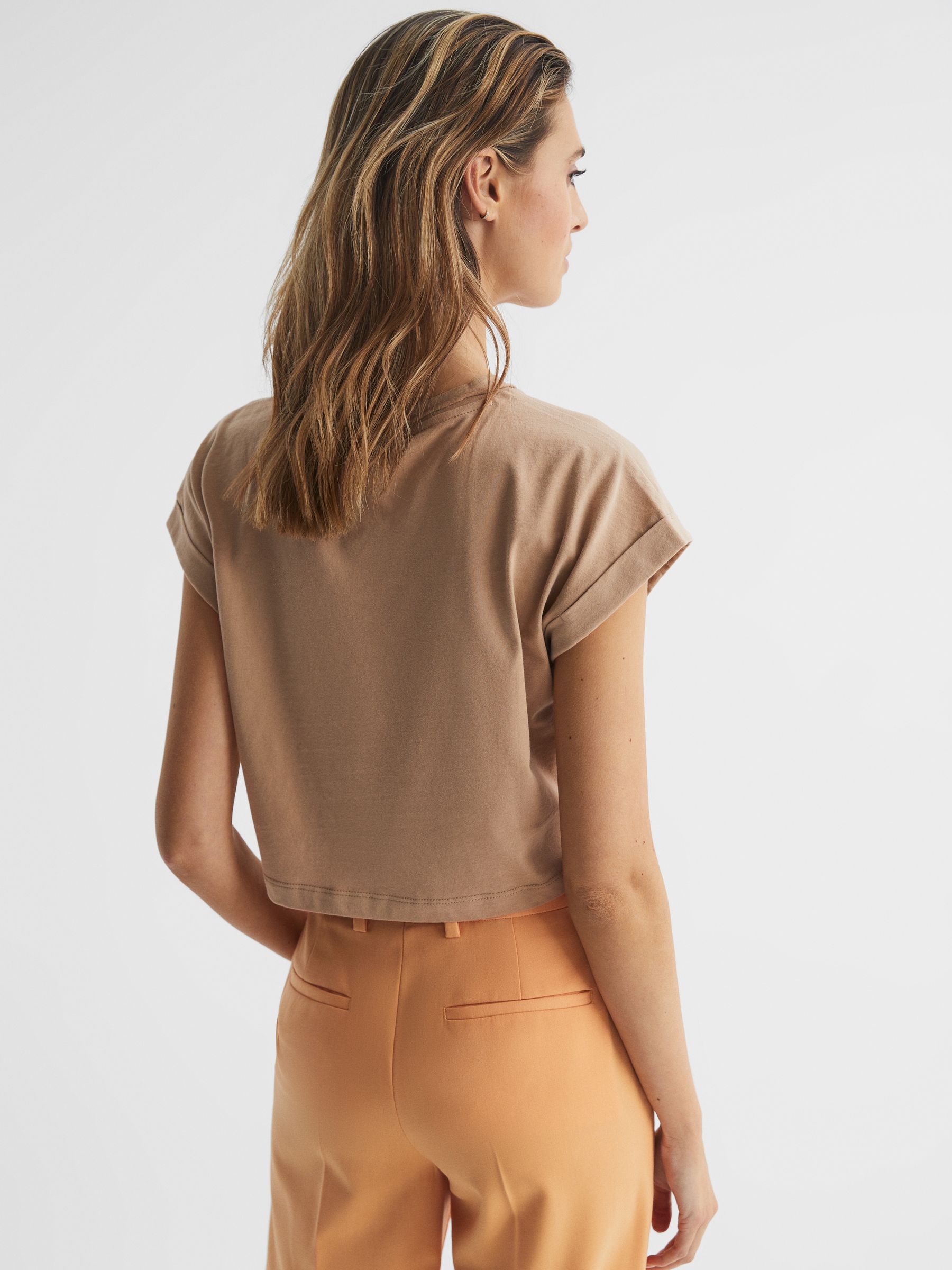 Cotton Crew Neck Crop Top in Camel - Image 5 of 6