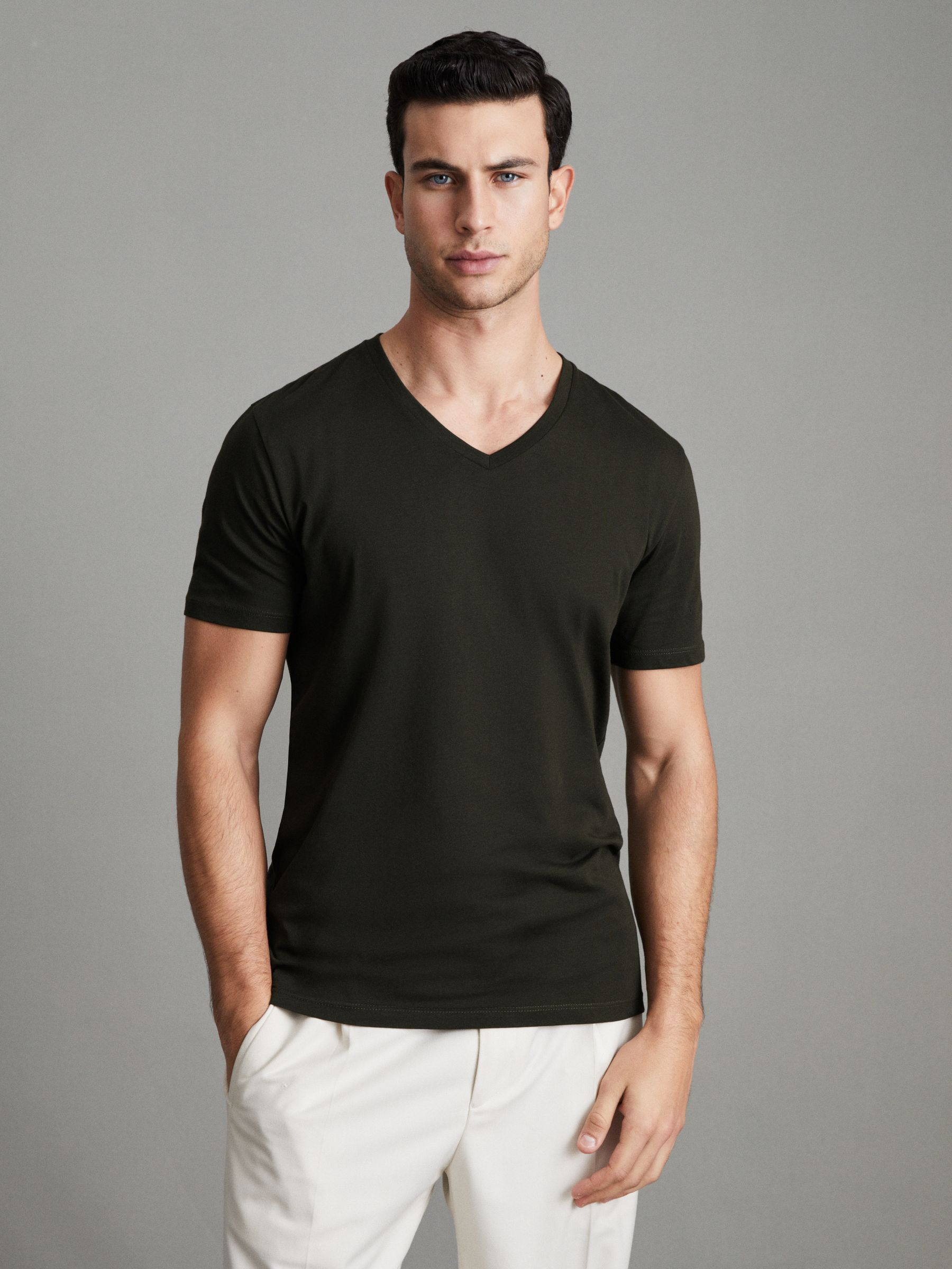 Cotton V-Neck T-Shirt in Oxidised Green - Image 1 of 6