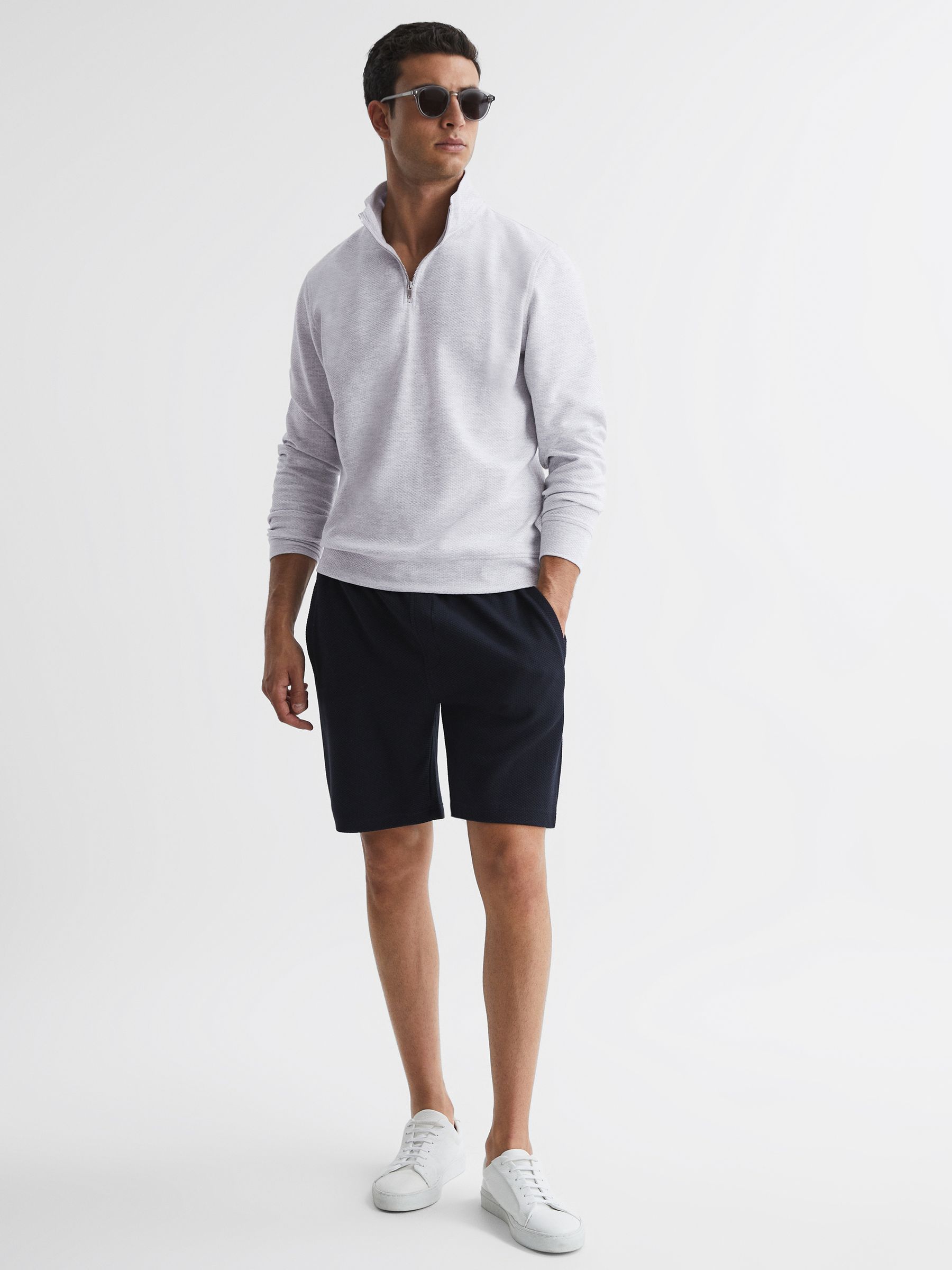 Slim Fit Textured Half Zip Top in Grey Melange - Image 1 of 11