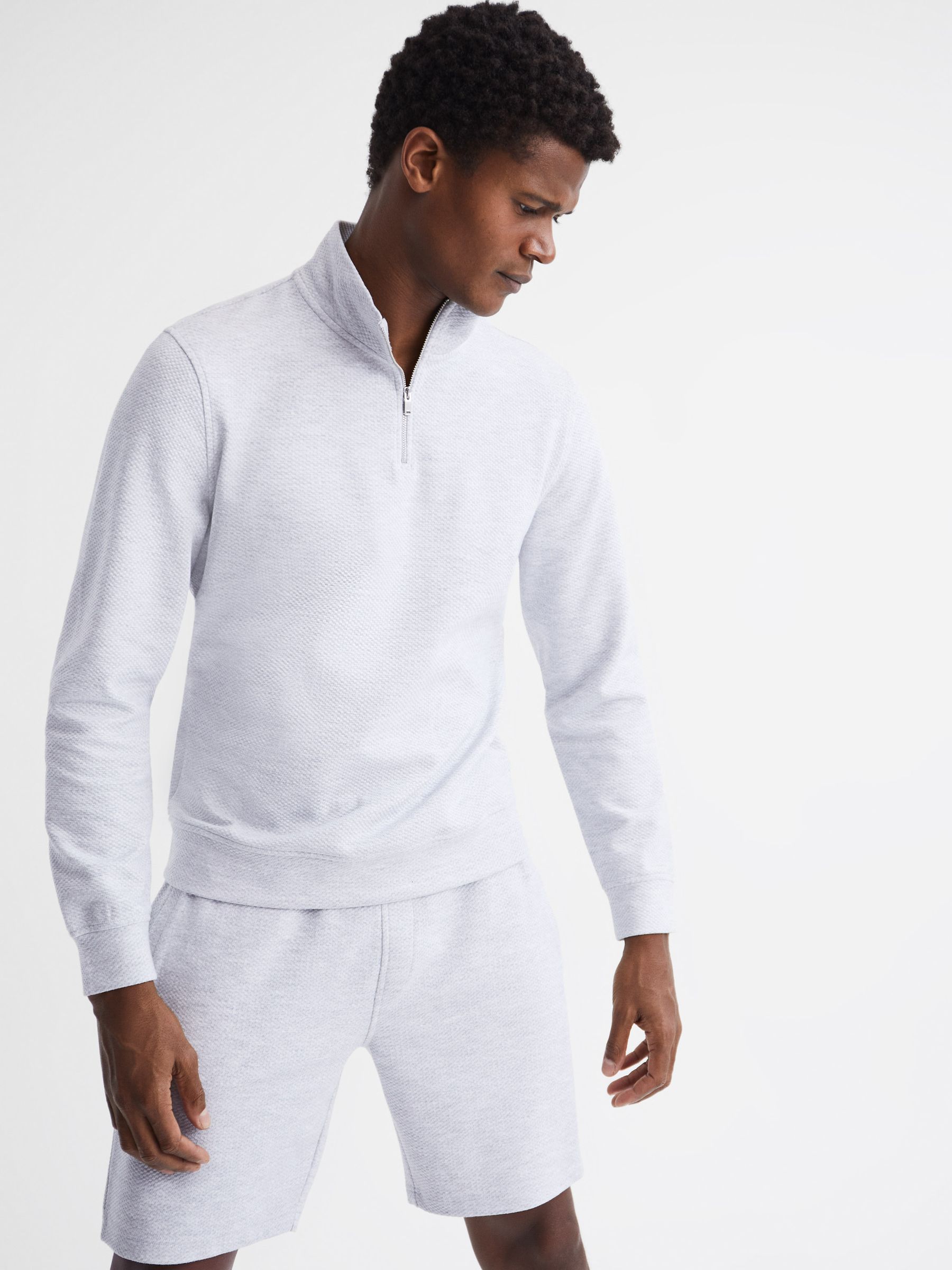 Slim Fit Textured Half Zip Top in Grey Melange - Image 10 of 11