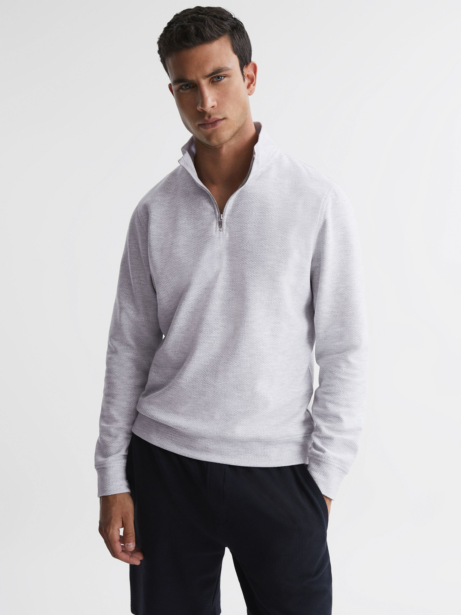 Slim Fit Textured Half Zip Top in Grey Melange - Image 3 of 11